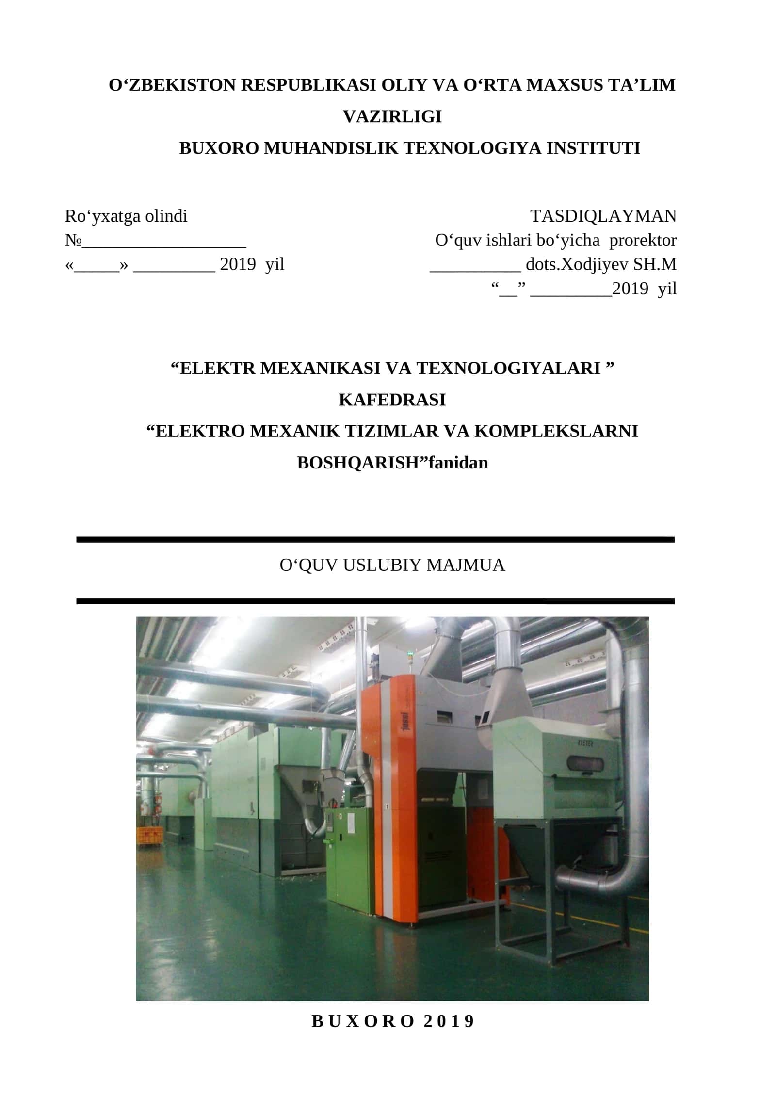ELEKTRO MEXANIK TIZIMLAR VA KOMPLEKSLARNI BOSHQARISH