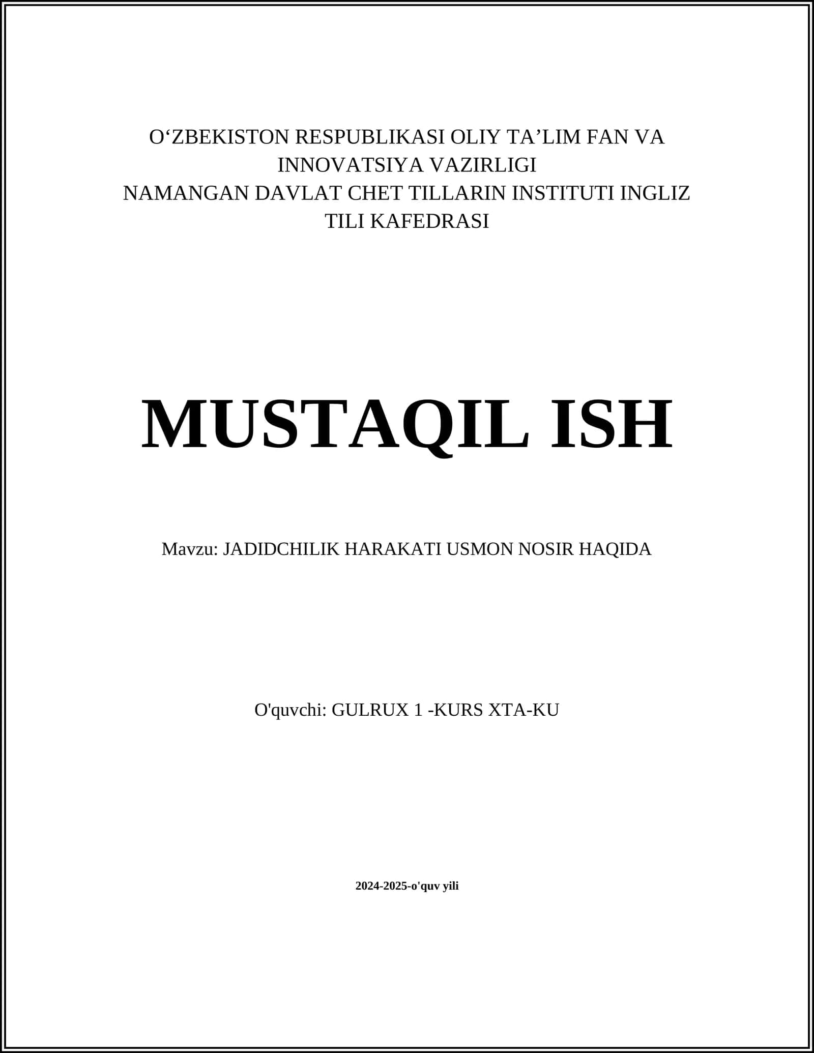 JADIDCHILIK HARAKATI USMON NOSIR HAQIDA