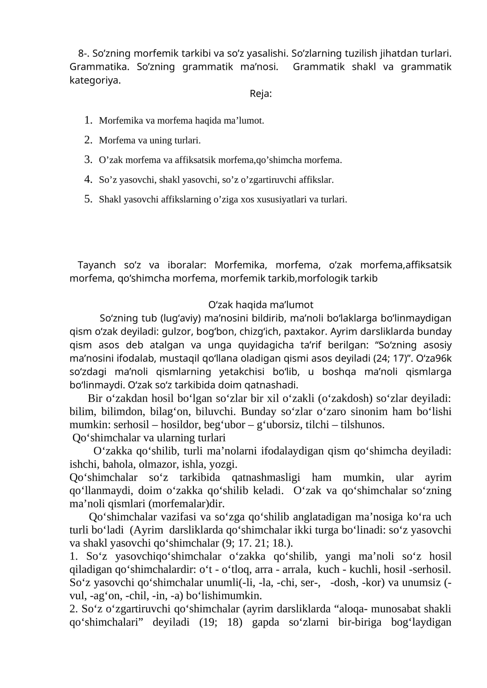 So’zning morfemik tarkibi va so’z yasalishi