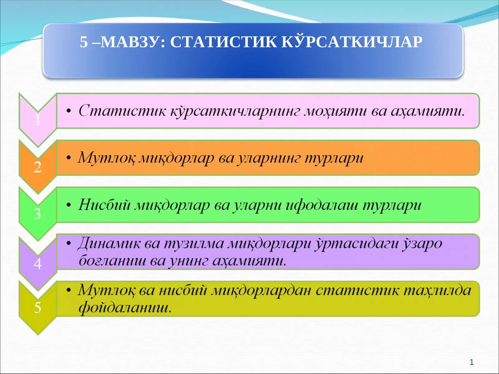 СТАТИСТИК КЎРСАТКИЧЛАР