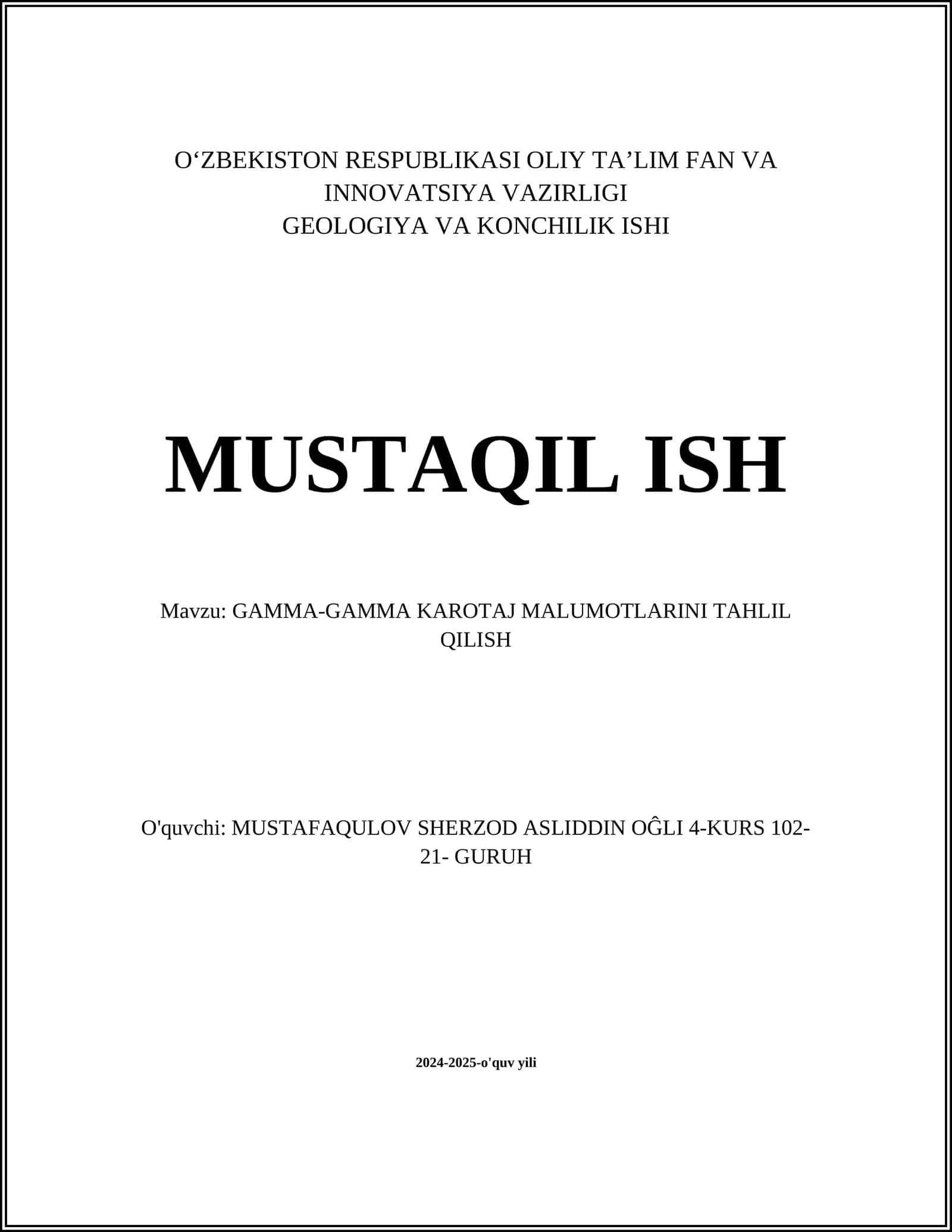 GAMMA-GAMMA KAROTAJ MALUMOTLARINI TAHLIL QILISH