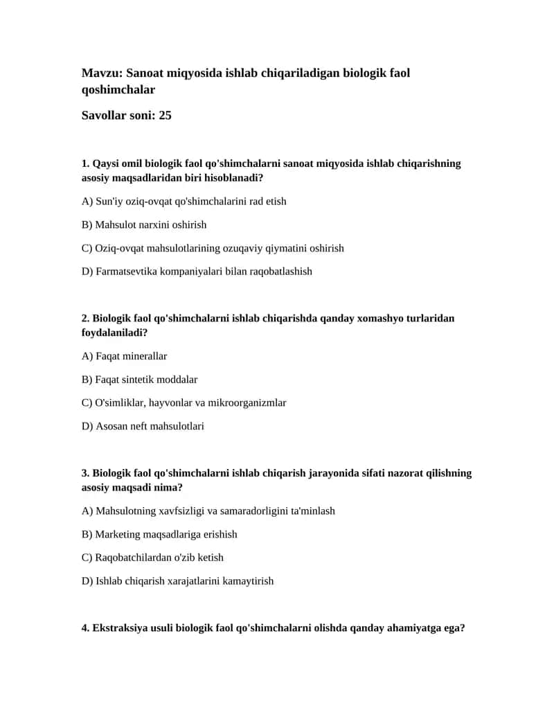 Biologik faol qo'shimchalarni ishlab chiqarish