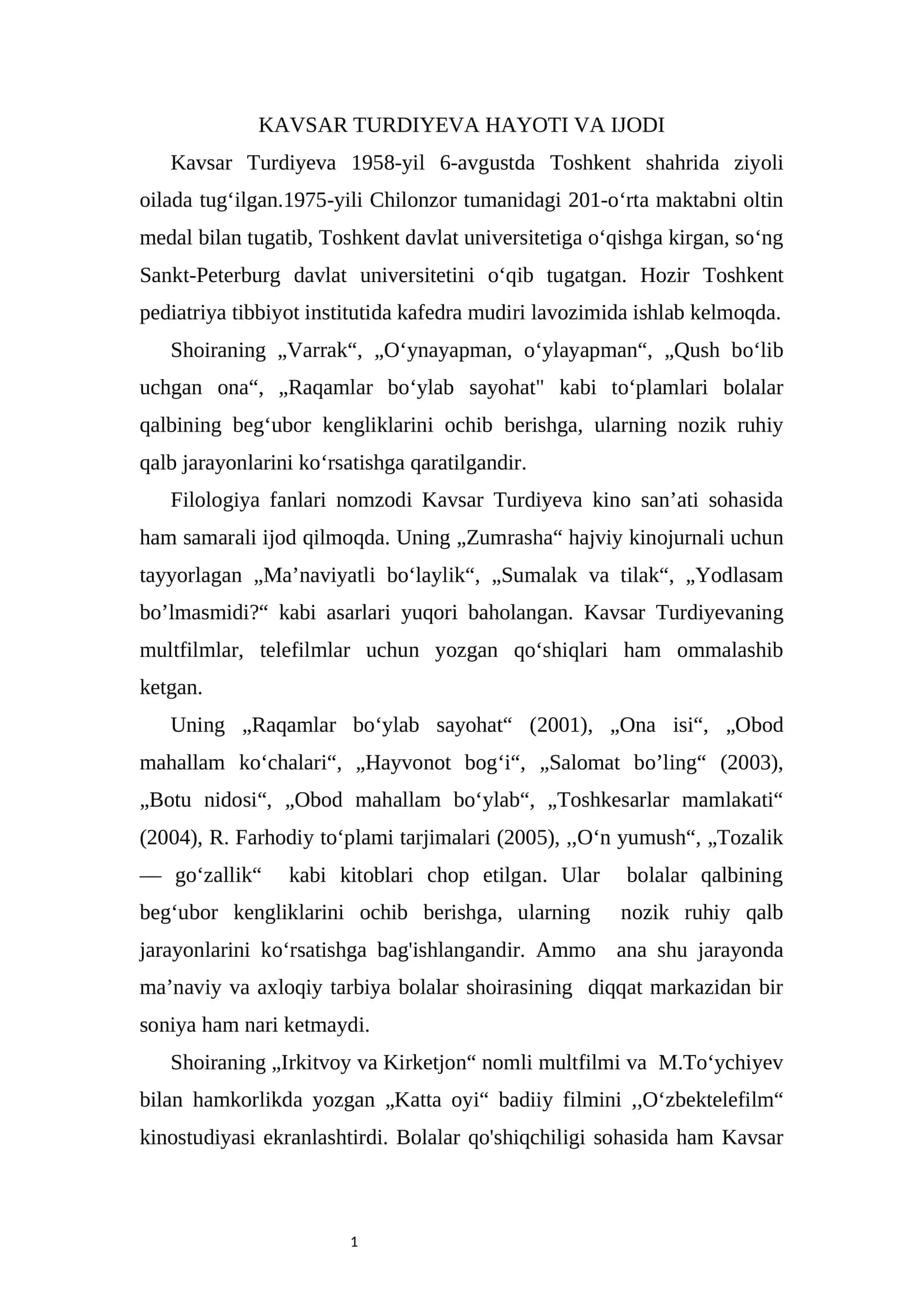 KAVSAR TURDIYEVA HAYOTI VA IJODI