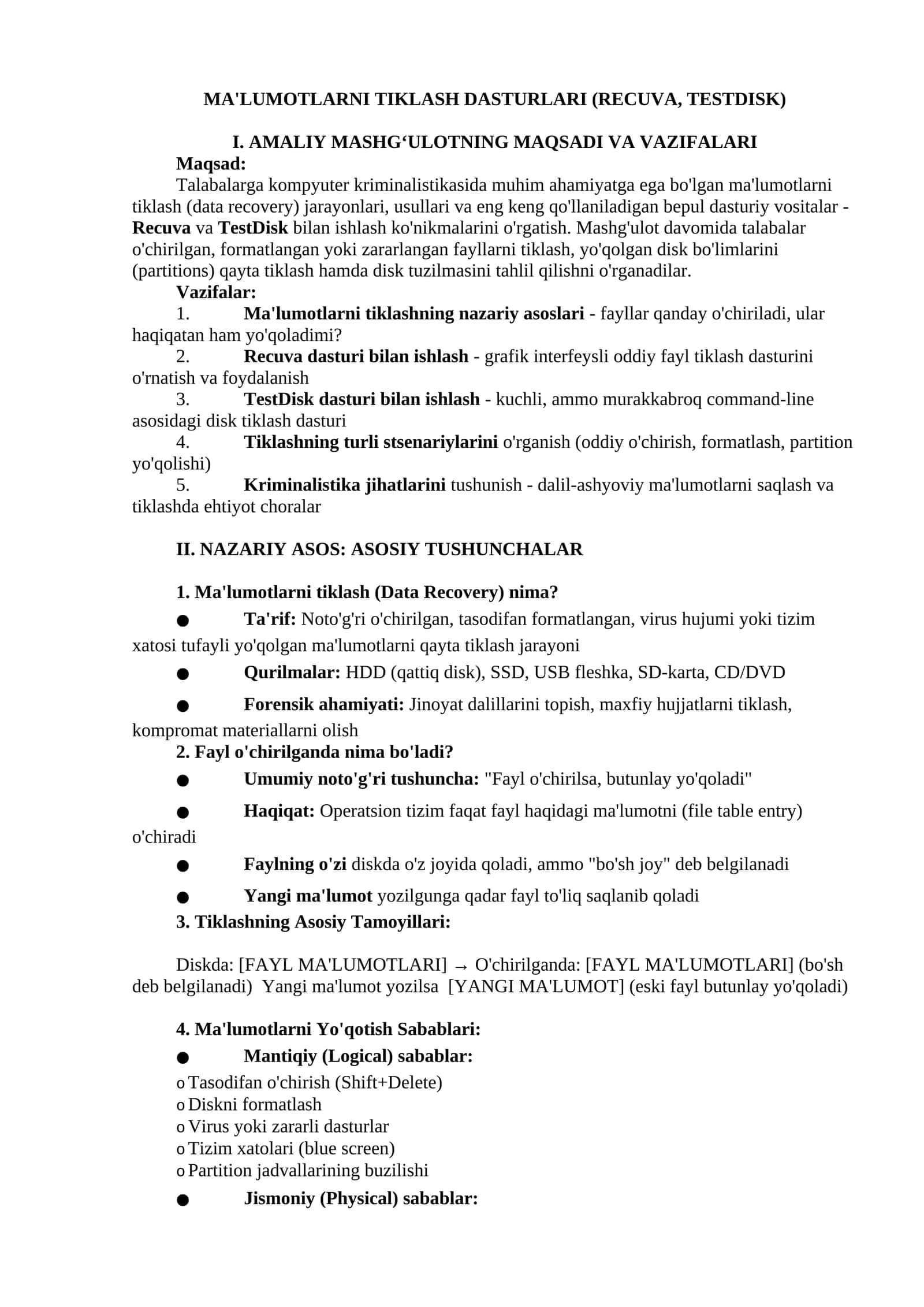 MA'LUMOTLARNI TIKLASH DASTURLARI (RECUVA, TESTDISK)