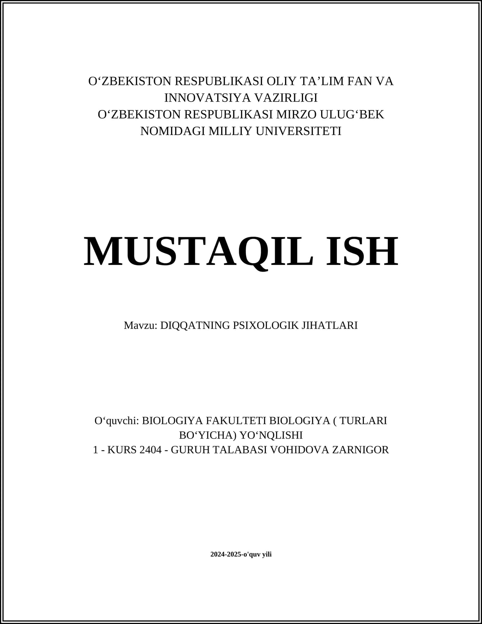 DIQQATNING PSIXOLOGIK JIHATLARI