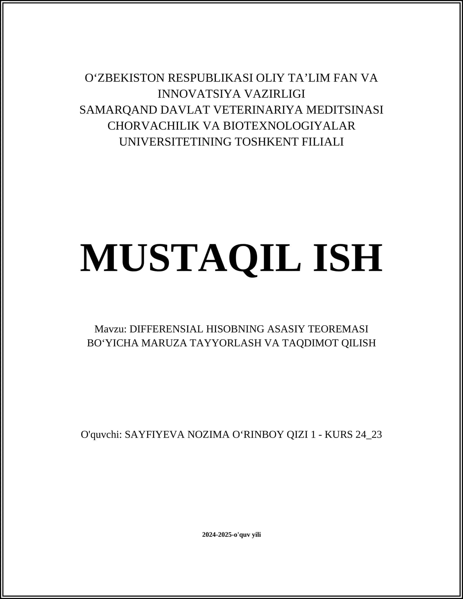 DIFFERENSIAL HISOBNING ASASIY TEOREMASI BOʻYICHA MARUZA TAYYORLASH VA TAQDIMOT QILISH