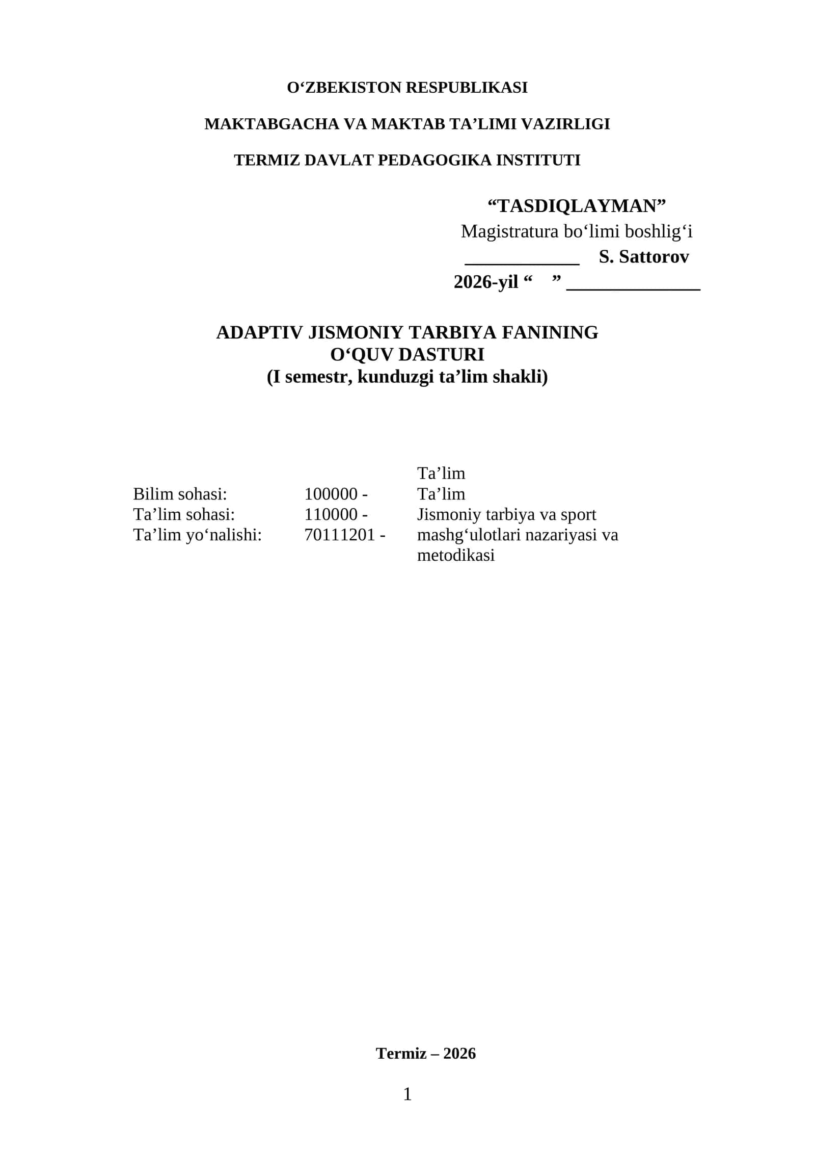 Adaptiv jismoniy tarbiya o'quv dasturi 2026