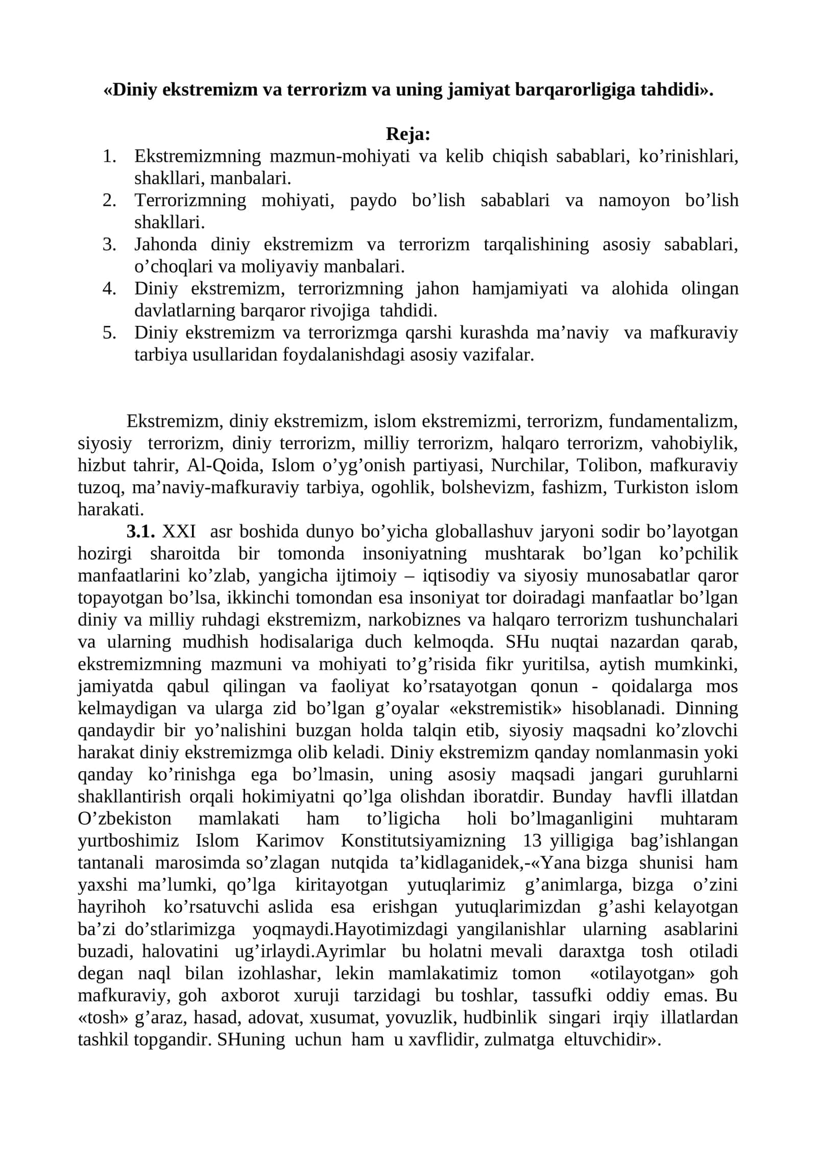 Diniy ekstremizm va terrorizm va uning jamiyat barqarorligiga tahdidi