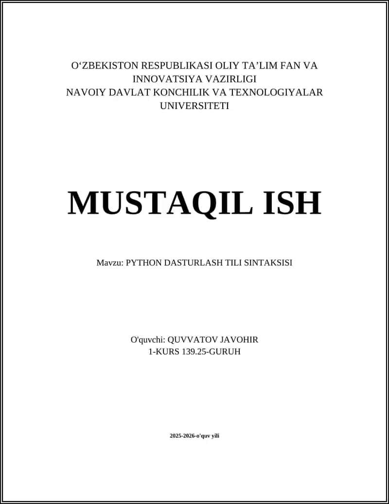 PYTHON DASTURLASH TILI SINTAKSISI