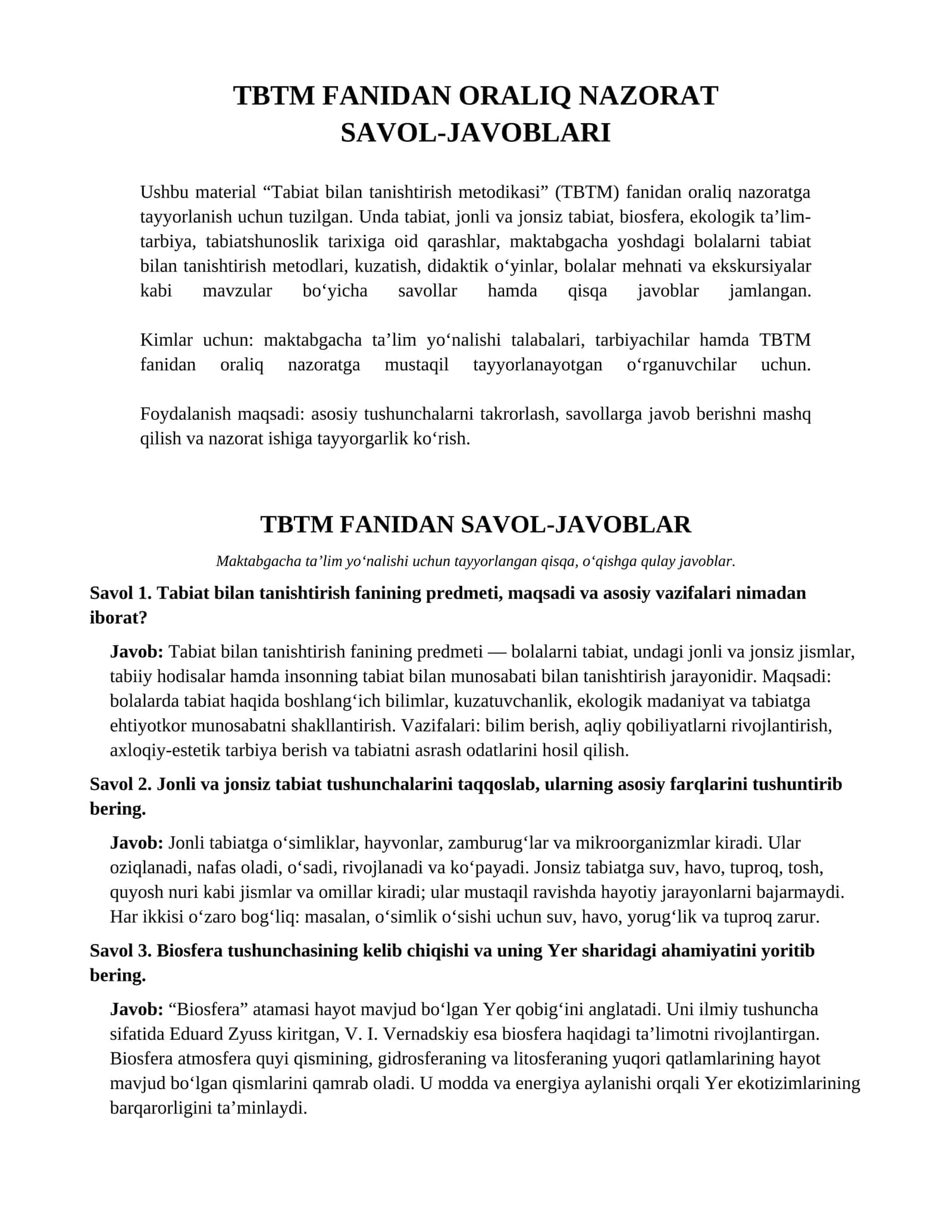 TBTM FANIDAN ORALIQ NAZORAT SAVOL-JAVOBLARI