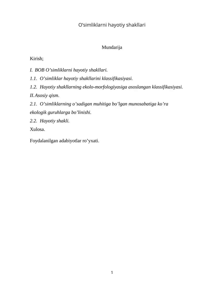 O’simliklarni hayotiy shakllari KURS ISHI