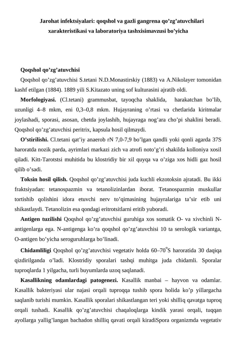 Jarohat infektsiyalari: qoqshol va gazli gangrena qo’zg’atuvchilari xarakteristikasi va laboratoriya tashxisi