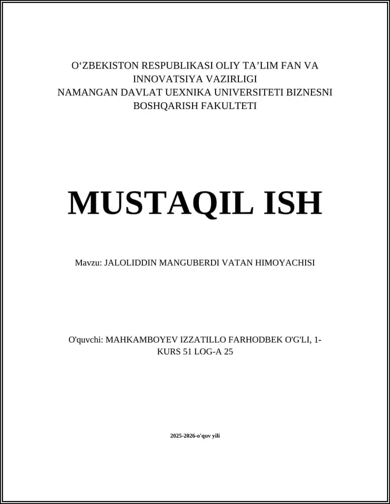 JALOLIDDIN MANGUBERDI VATAN HIMOYACHISI