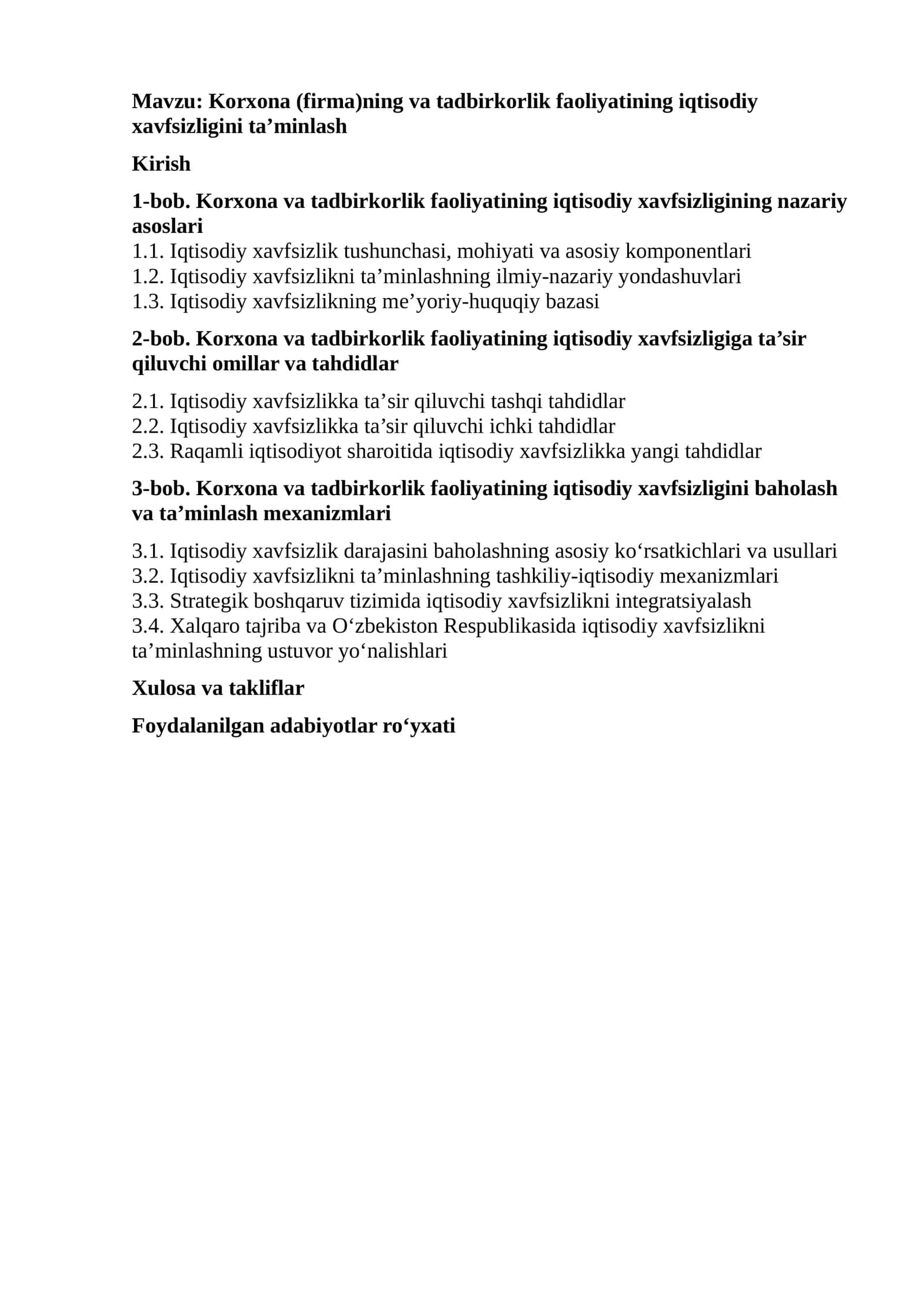 Korxona (firma)ning va tadbirkorlik faoliyatining iqtisodiy xavfsizligini ta’minlash