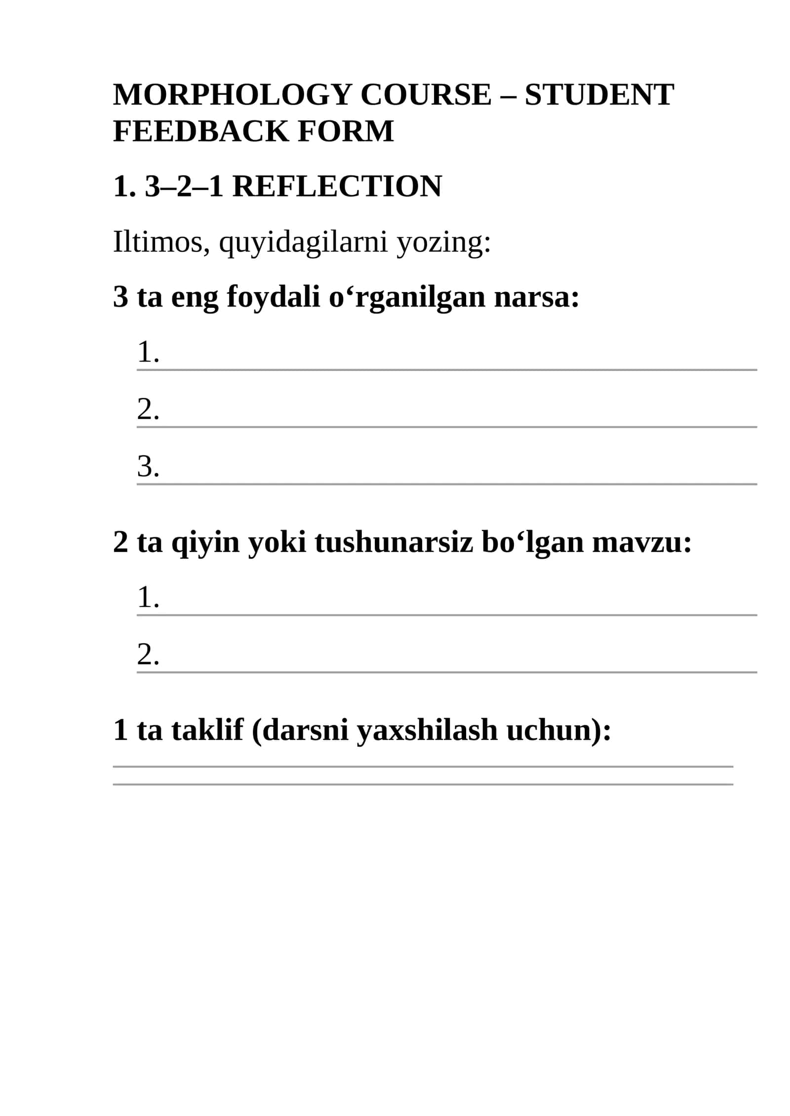 MORPHOLOGY COURSE – STUDENT FEEDBACK FORM