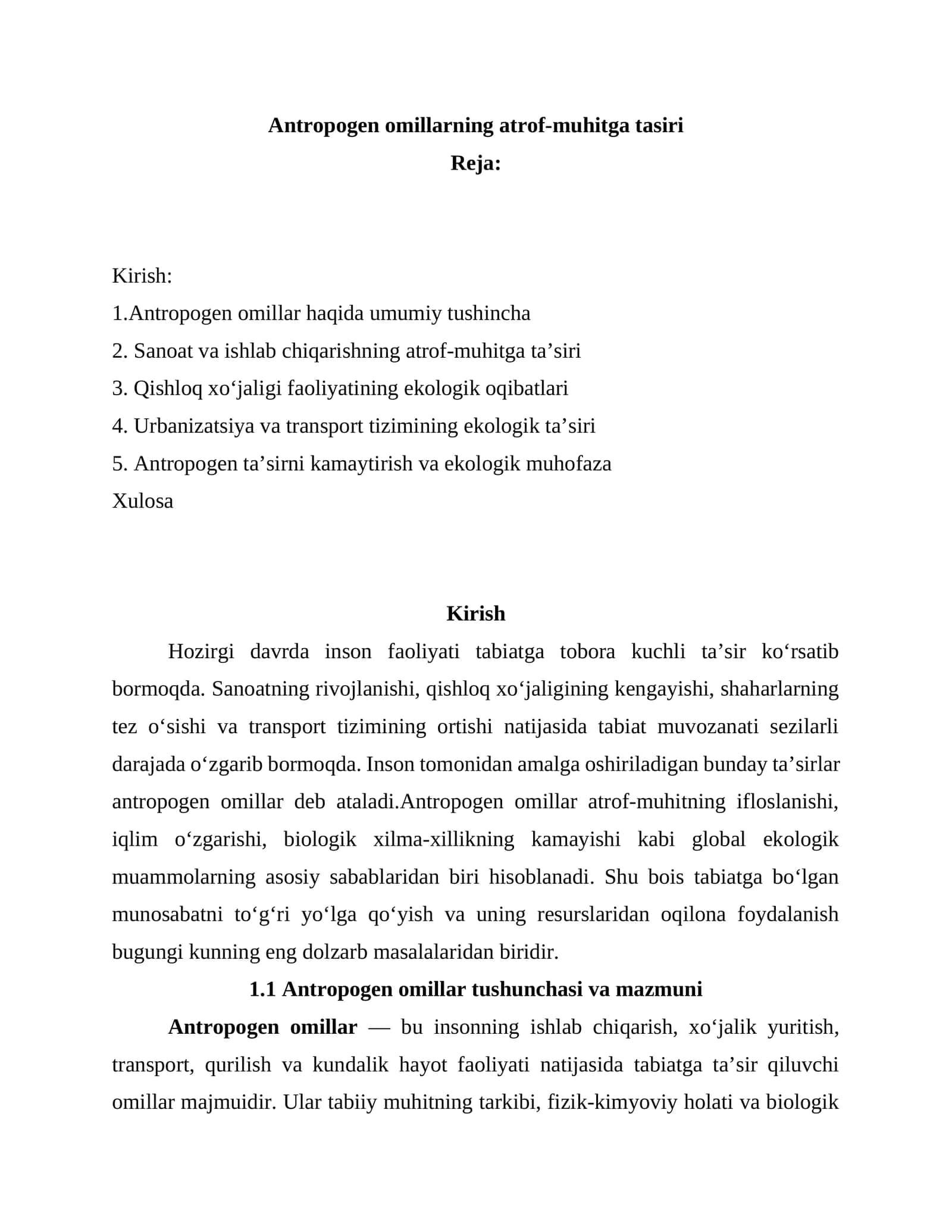 Antropogen omillarning atrof-muhitga tasiri