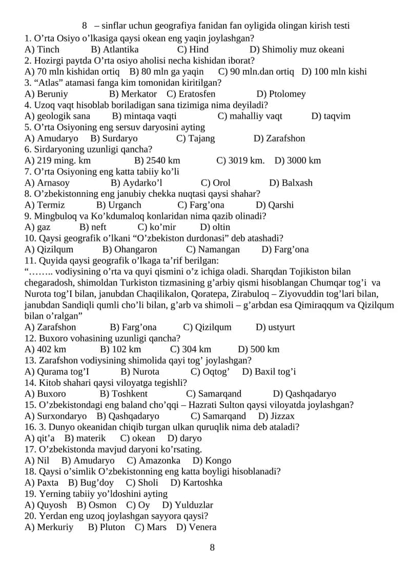 Geografiya fanidan kirish testi