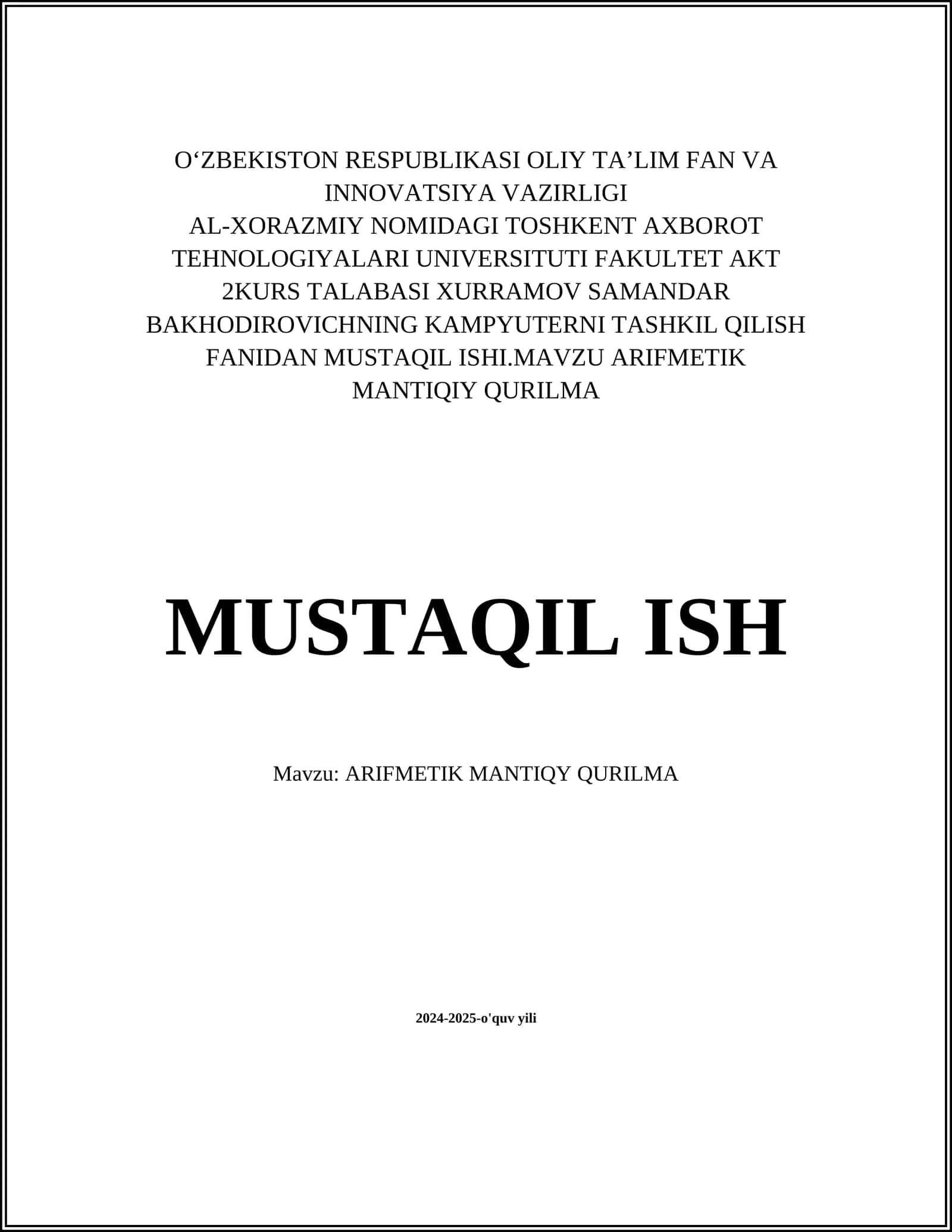 ARIFMETIK MANTIQIY QURILMA