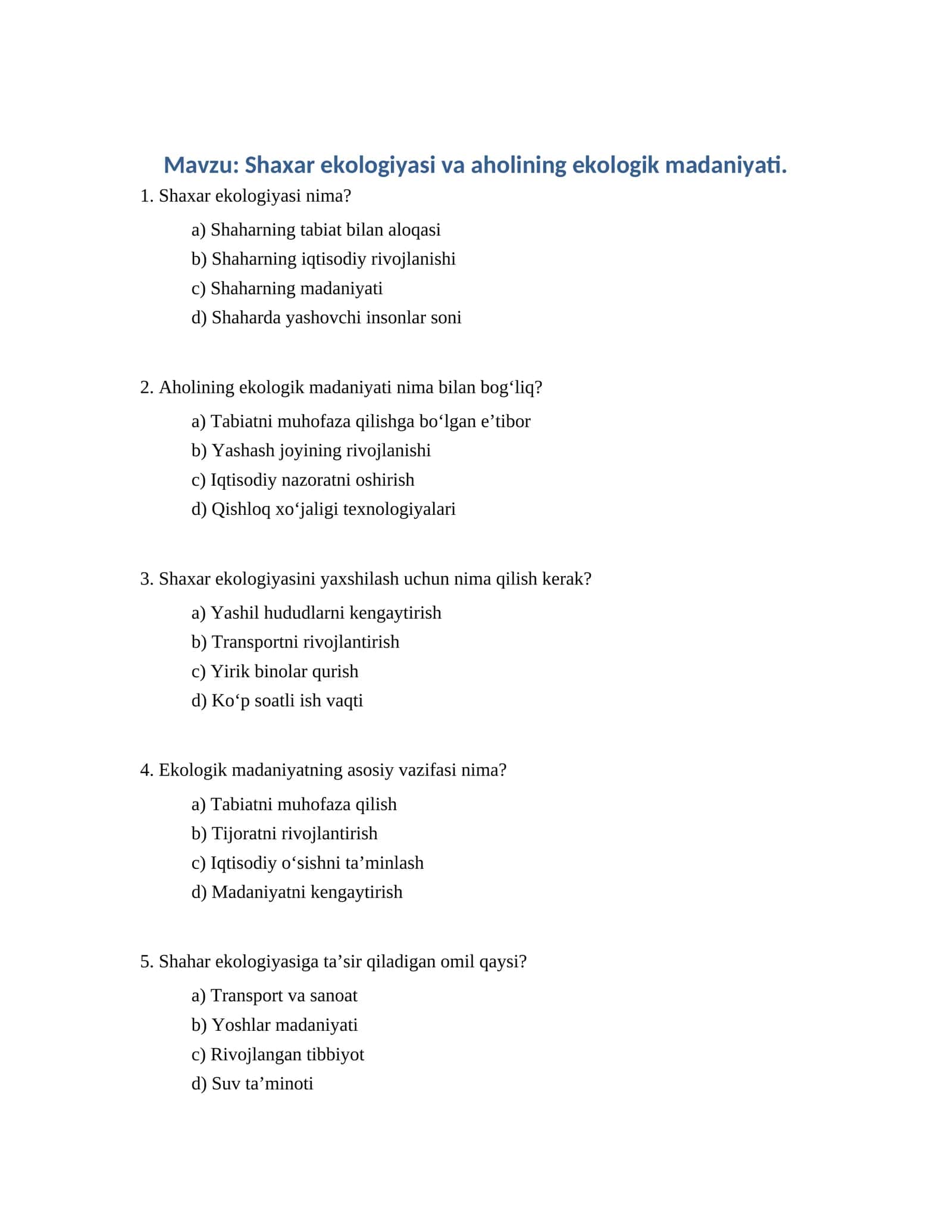 Shaxar ekologiyasi va aholining ekologik madaniyati