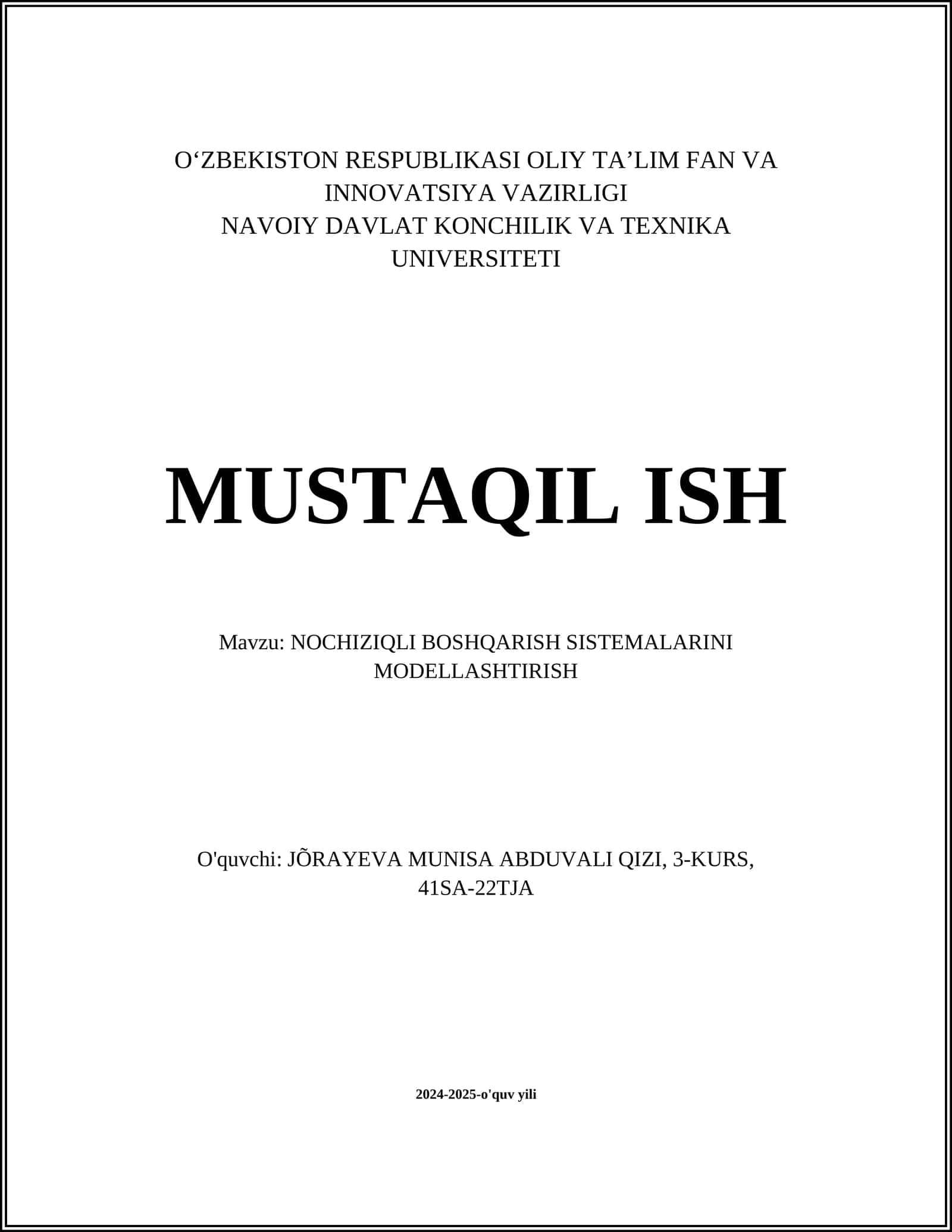 NOCHIZIQLI BOSHQARISH SISTEMALARINI MODELLASHTIRISH