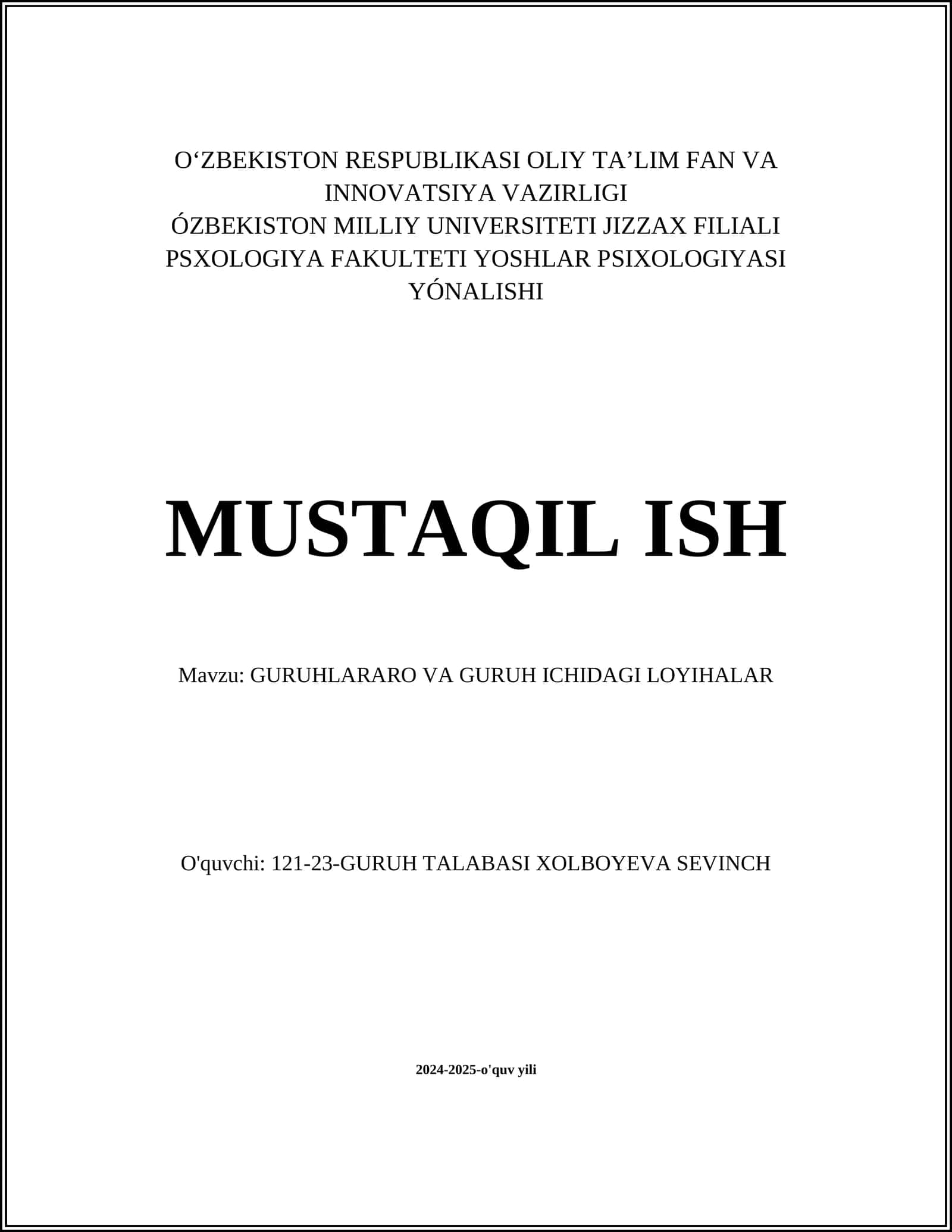 GURUHLARARO VA GURUH ICHIDAGI LOYIHALAR