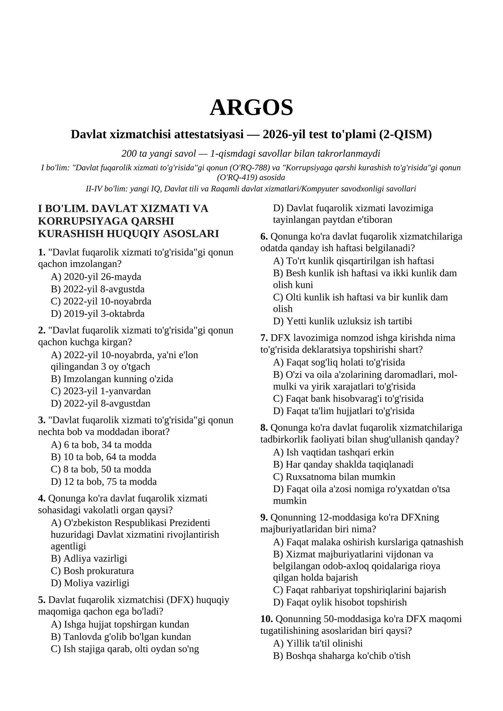 ARGOS Davlat xizmatchisi attestatsiyasi — 2026-yil test to'plami (2-QISM)