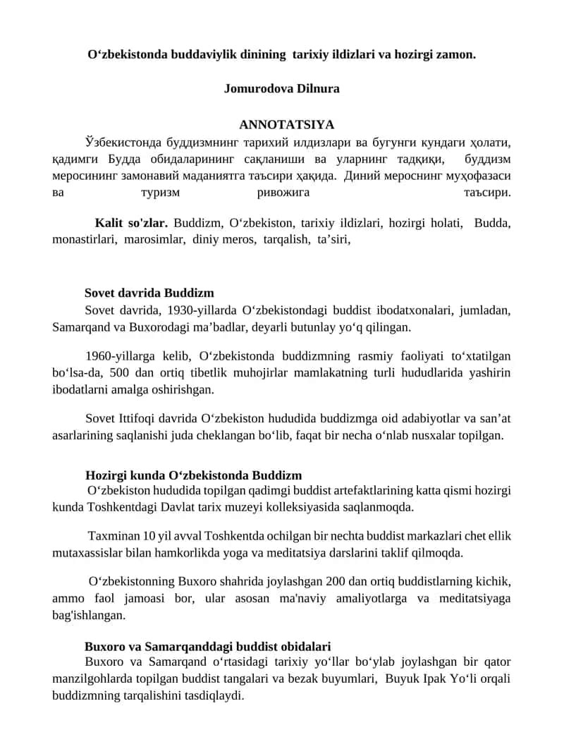 Oʻzbekistonda buddaviylik dinining tarixiy ildizlari va hozirgi zamon
