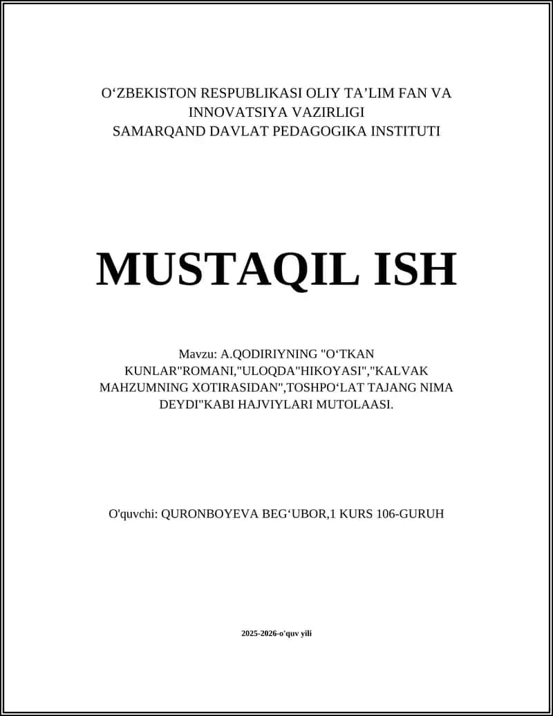 A.Qodiriyning "Oʻtkan Kunlar" Romani Hajviylari Mutolaasi