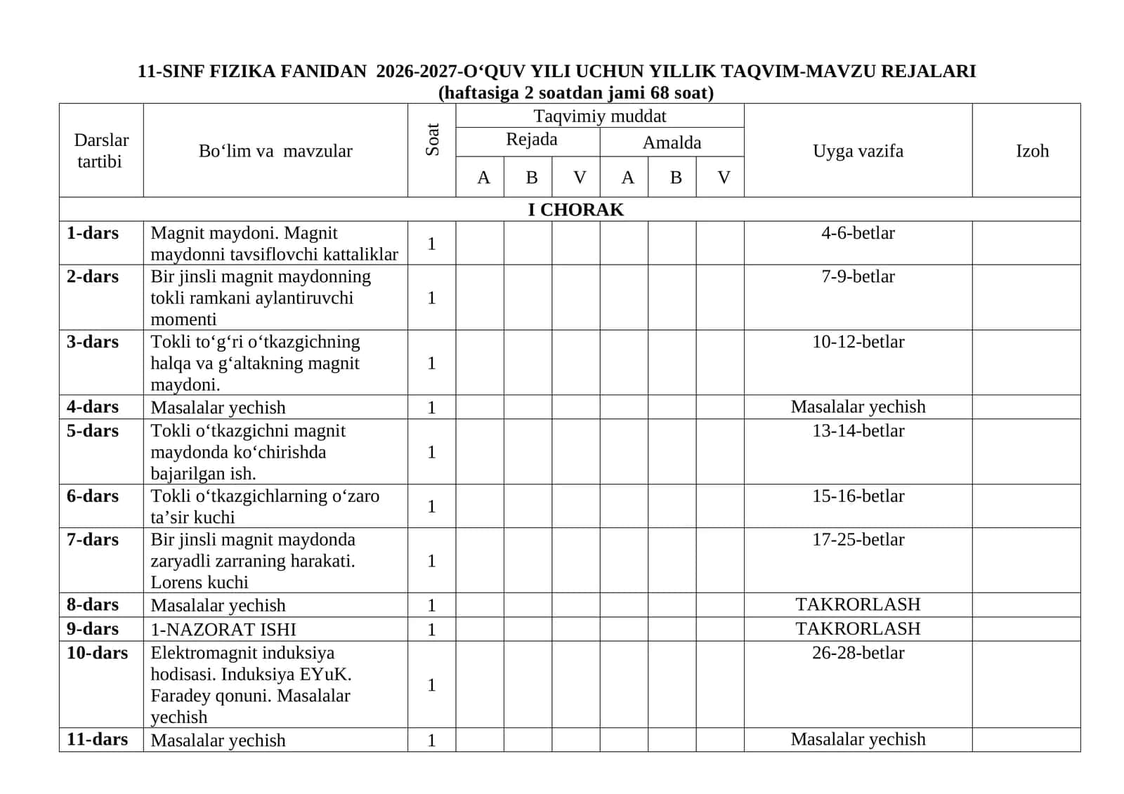 11-sinf fizika fanidan ish reja 2026-yil.