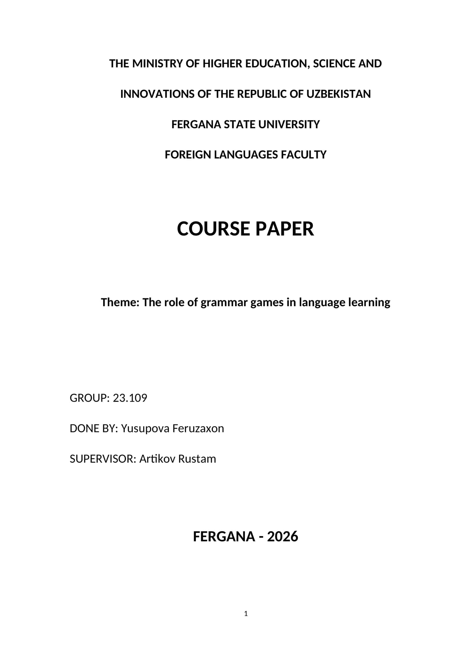 Course Paper on "The role of grammar games in language learning"