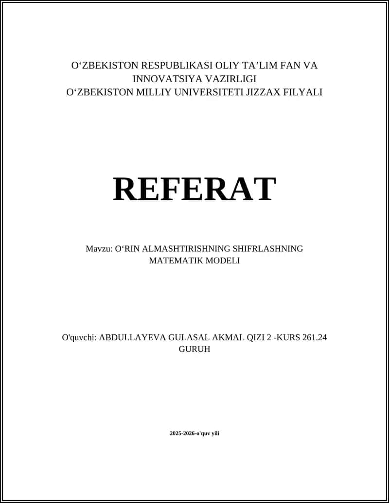 Oʻrin almashtirishning shifrlashning matematik modeli