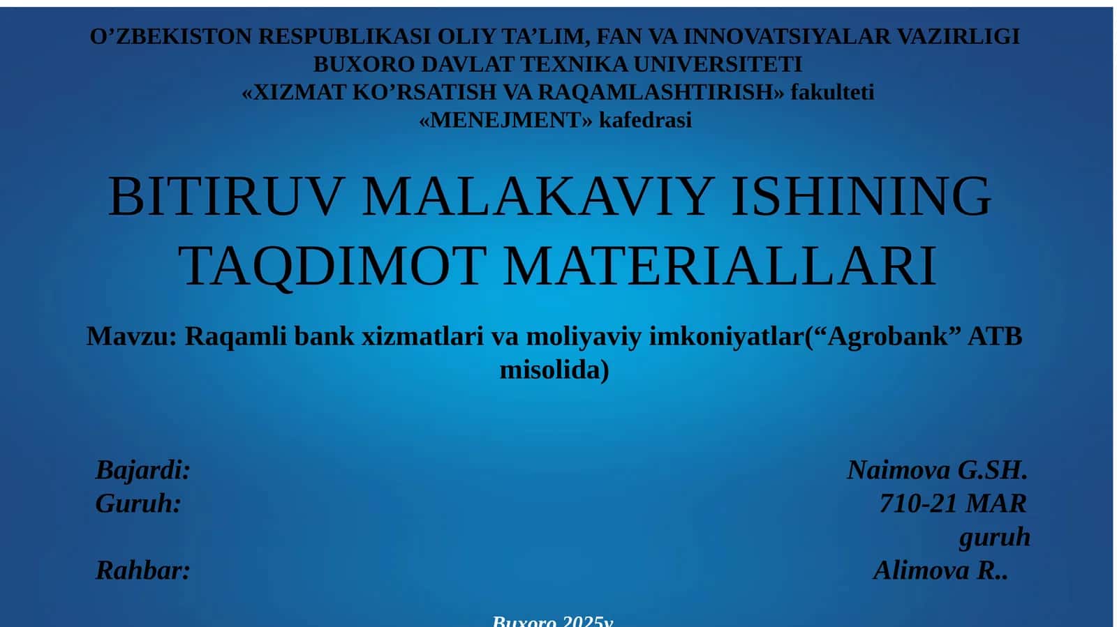 Raqamli bank xizmatlari va moliyaviy imkoniyatlar mavzusida DIPLOM ISHI