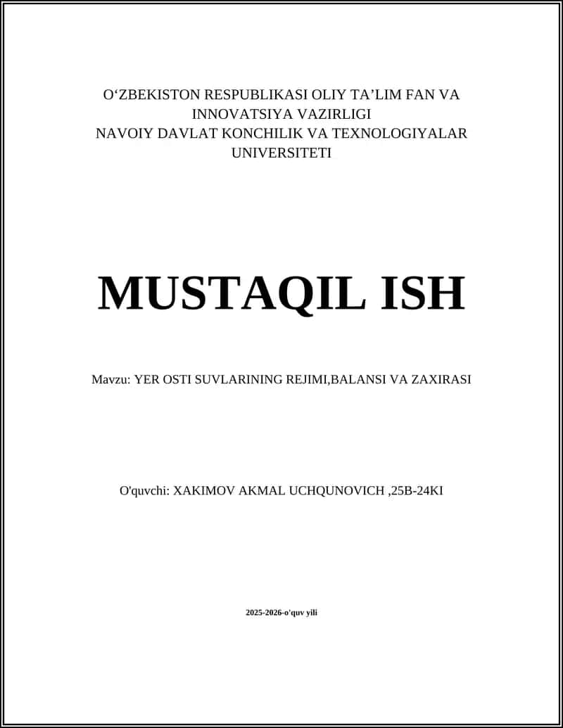 YER OSTI SUVLARINING REJIMI,BALANSI VA ZAXIRASI