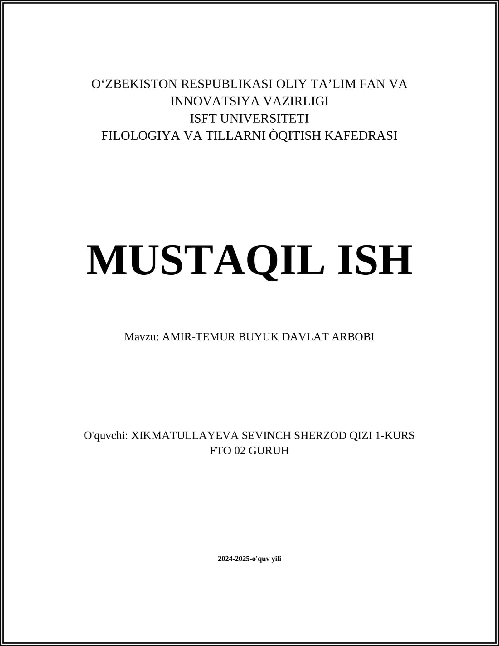 AMIR-TEMUR BUYUK DAVLAT ARBOBI