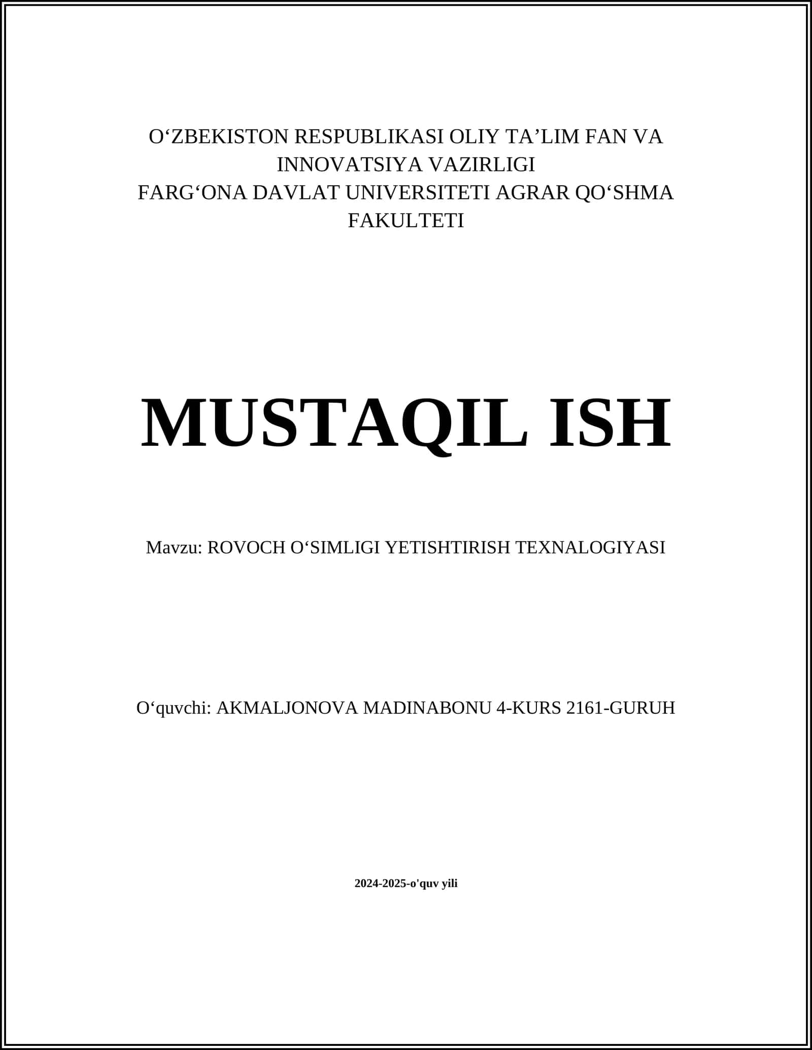 ROVOCH OʻSIMLIGI YETISHTIRISH TEXNALOGIYASI