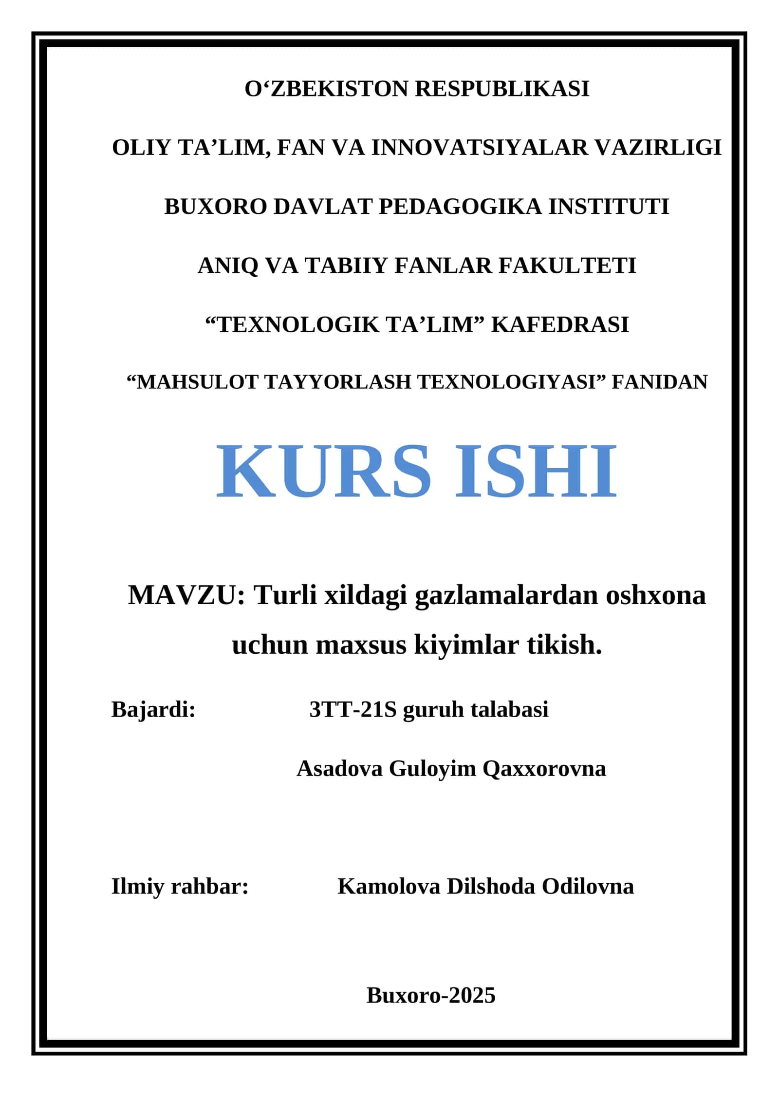 Turli xildagi gazlamalardan oshxona uchun maxsus kiyimlar tikish
