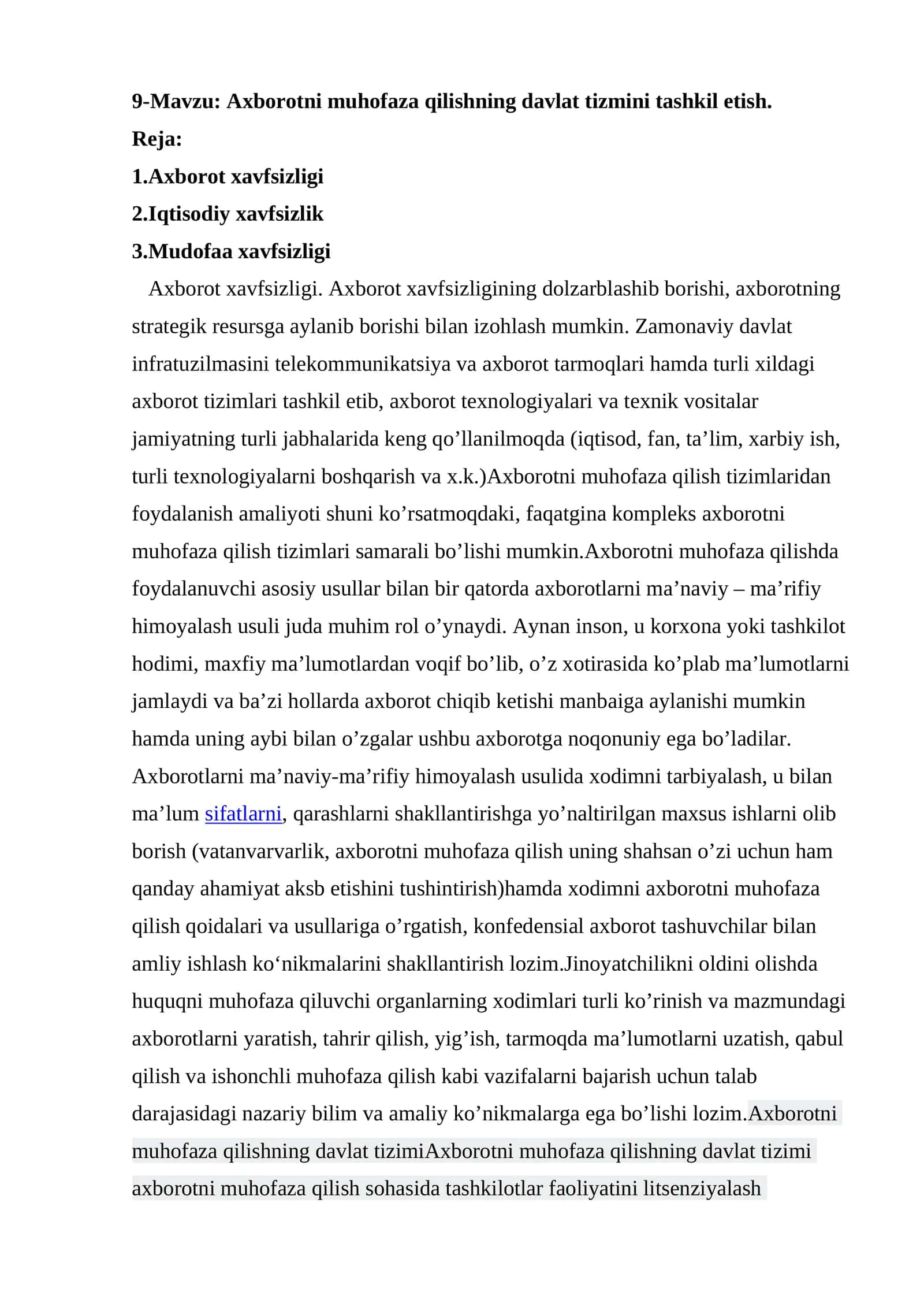 Axborotni muhofaza qilishning davlat tizmini tashkil etish