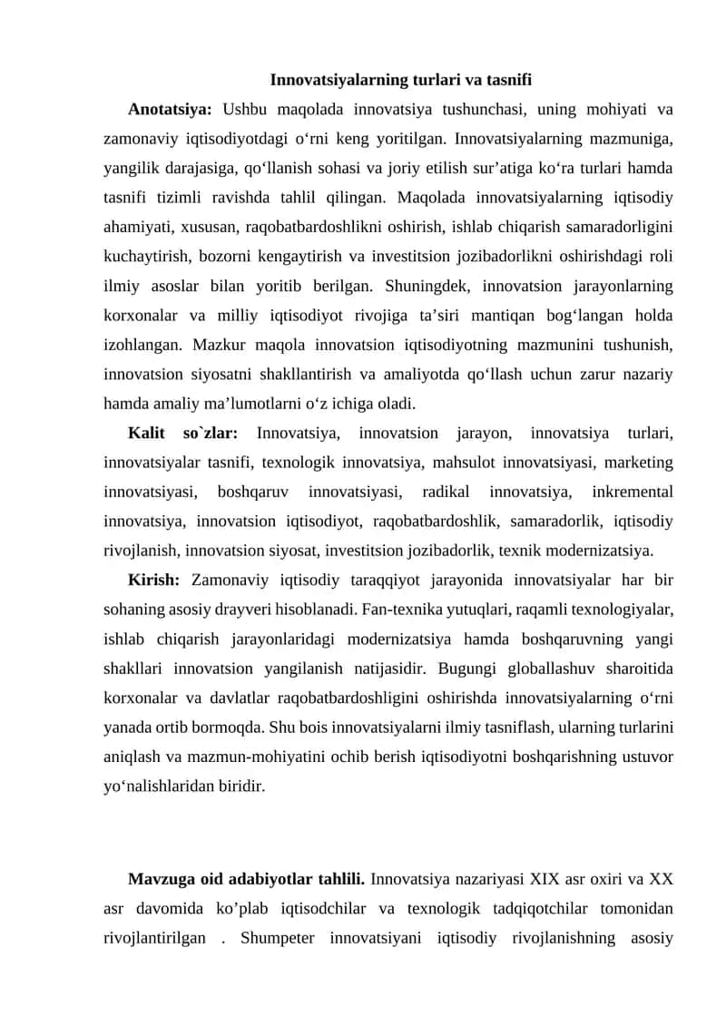 Innovatsiyalarning turlari va tasnifi