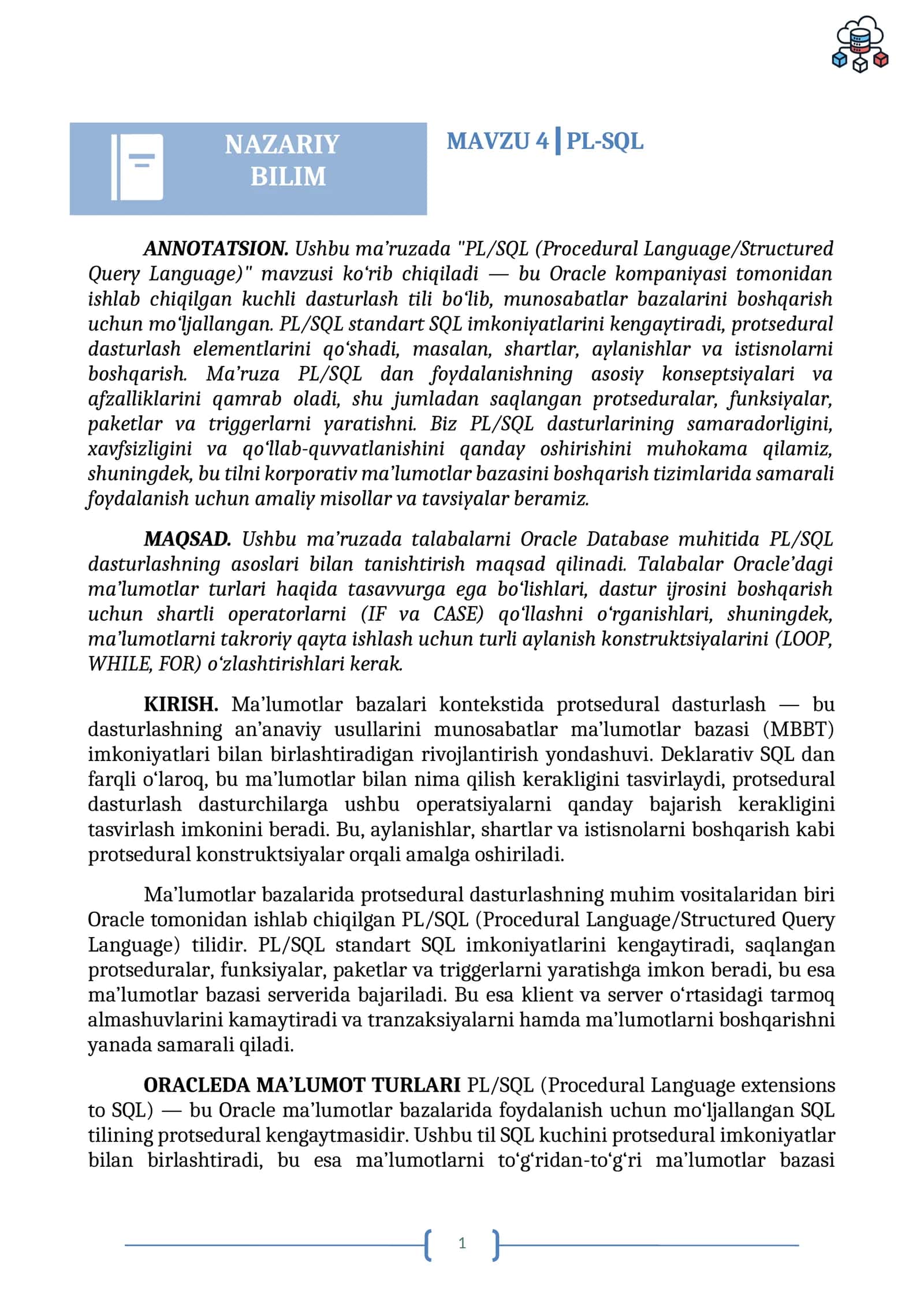 PL/SQL (Procedural Language/Structured Query Language)