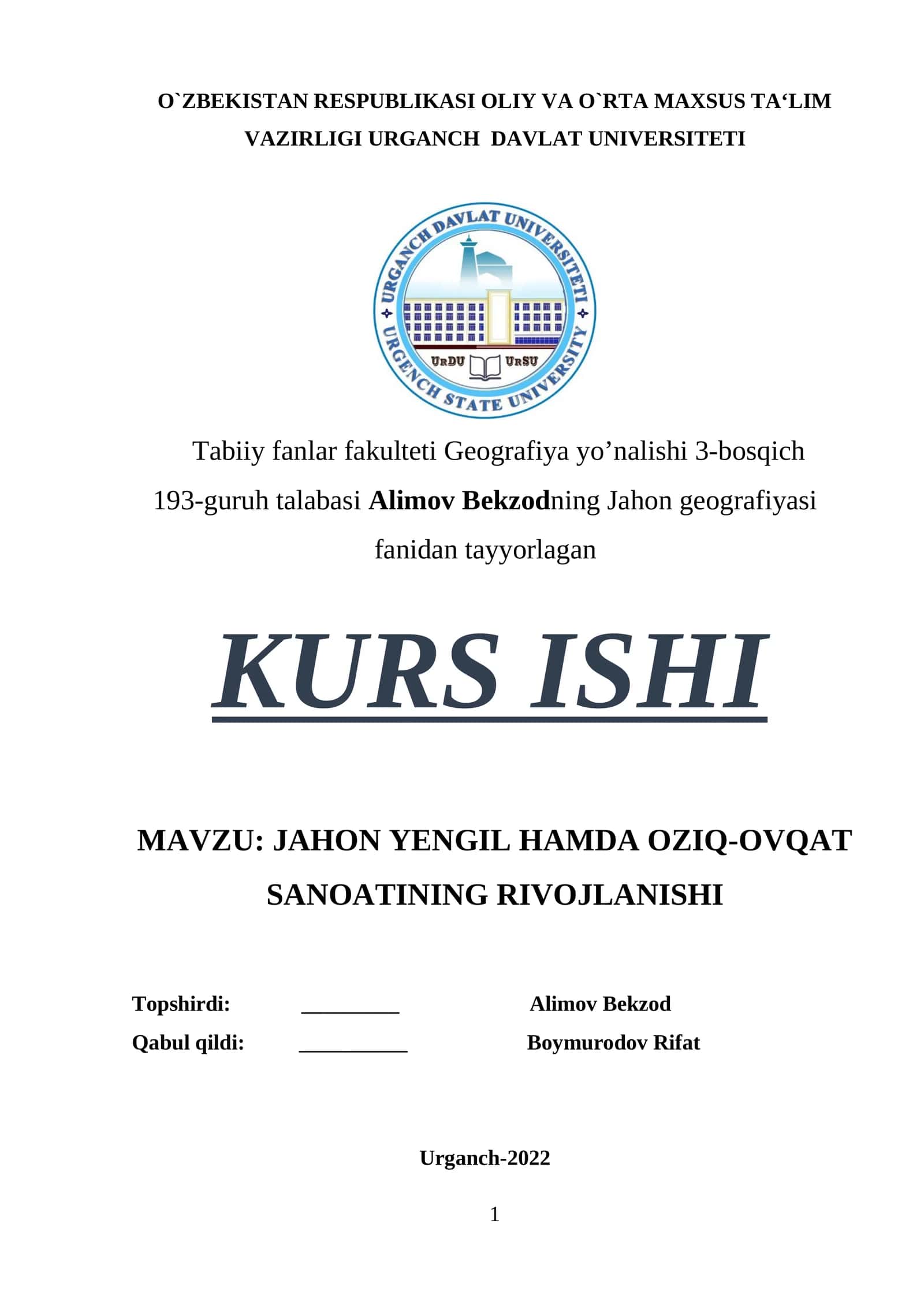 JAHON YENGIL HAMDA OZIQ-OVQAT SANOATINING RIVOJLANISHI