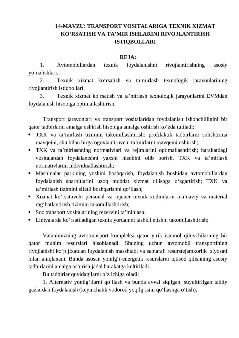 TRANSPORT VOSITALARIGA TEXNIK XIZMAT KO‘RSATISH VA TA’MIR ISHLARINI RIVOJLANTIRISH ISTIQBOLLARI