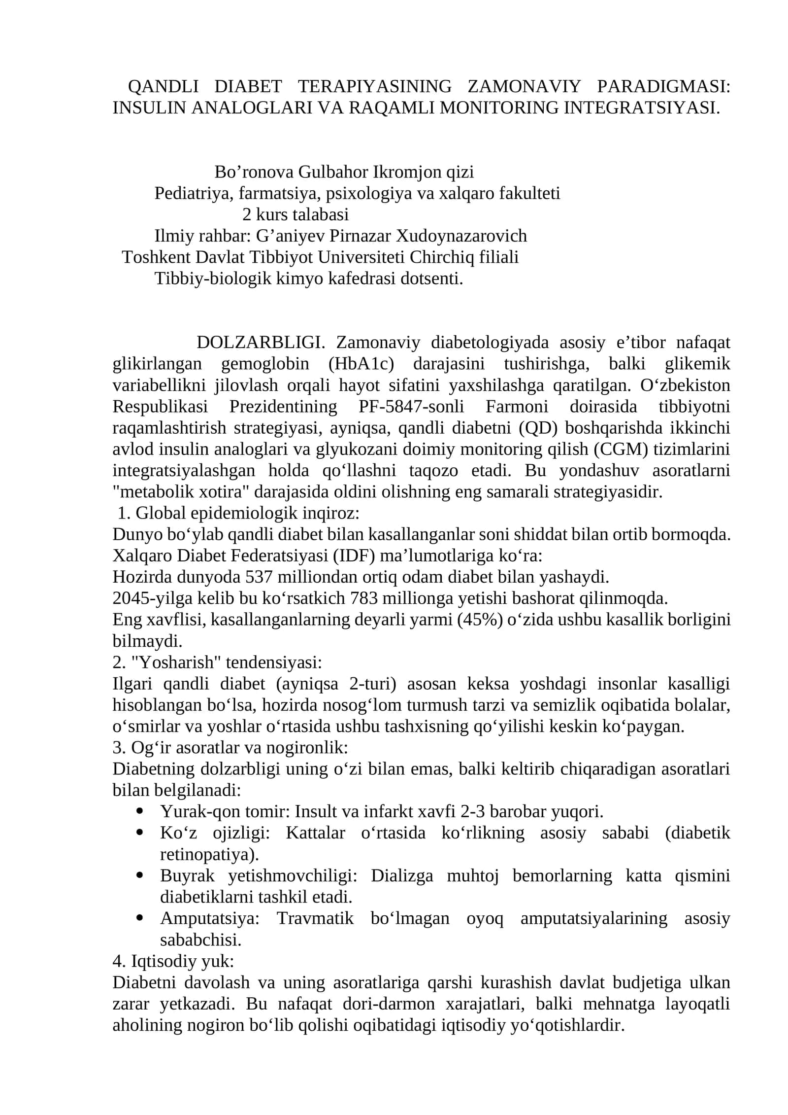 QANDLI DIABET TERAPIYASINING ZAMONAVIY PARADIGMASI: INSULIN ANALOGLARI VA RAQAMLI MONITORING INTEGRATSIYASI