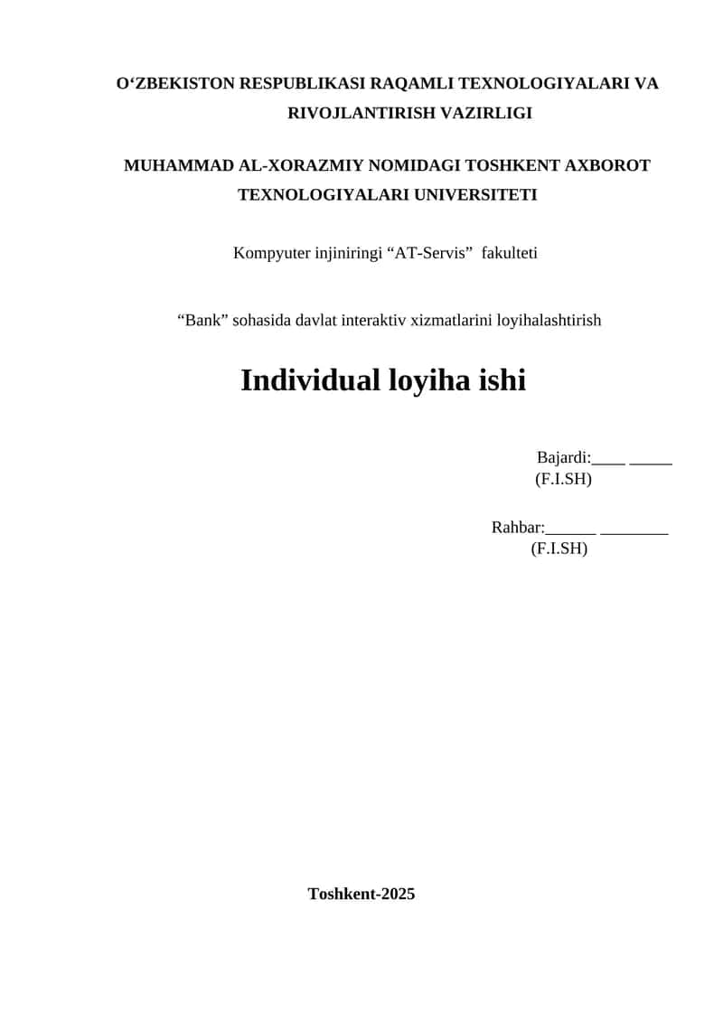 “Bank” sohasida davlat interaktiv xizmatlarini loyihalashtirish