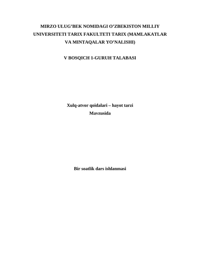 5-sinf 6-dars ishlanmasi - Xulq-atvor qoidalari – hayot tarzi
