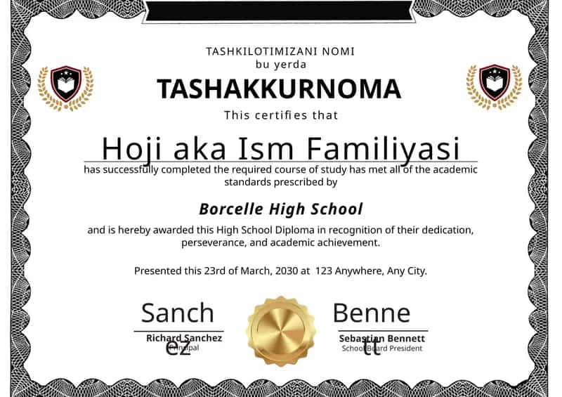 Tashakkurnoma shablon tayyori andoza
