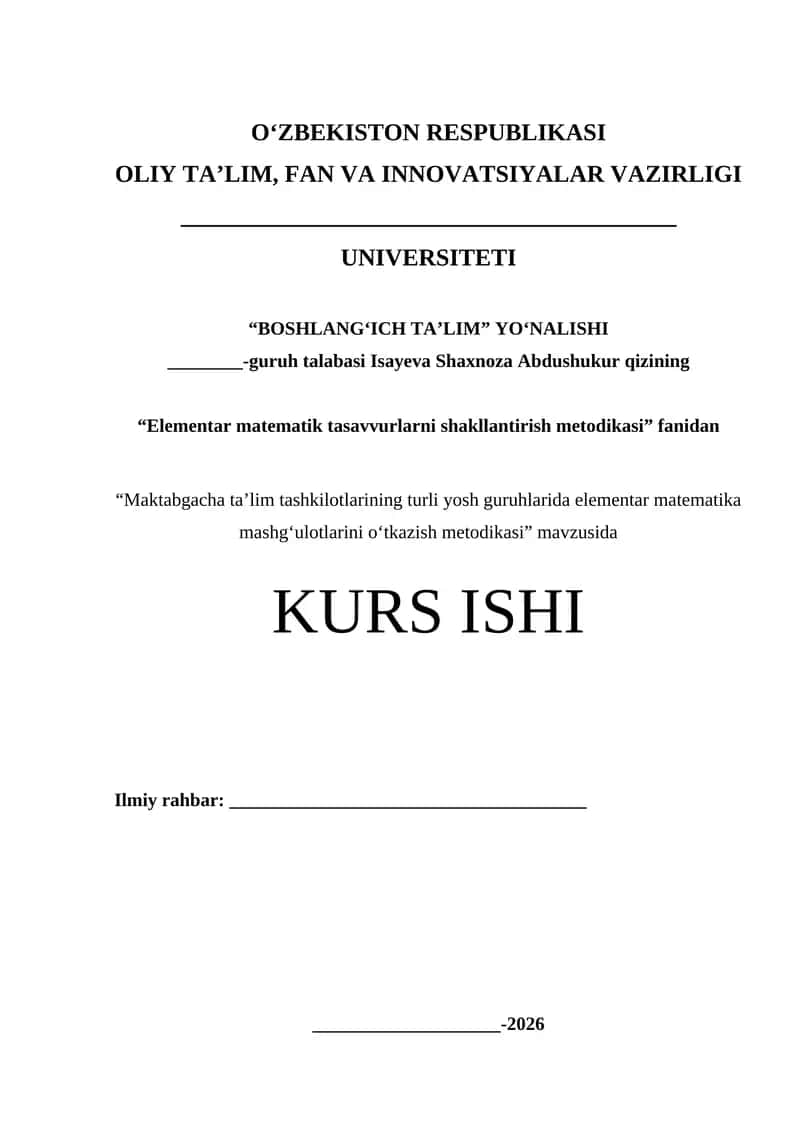 Elementar matematik tasavvurlarni shakllantirish metodikasi