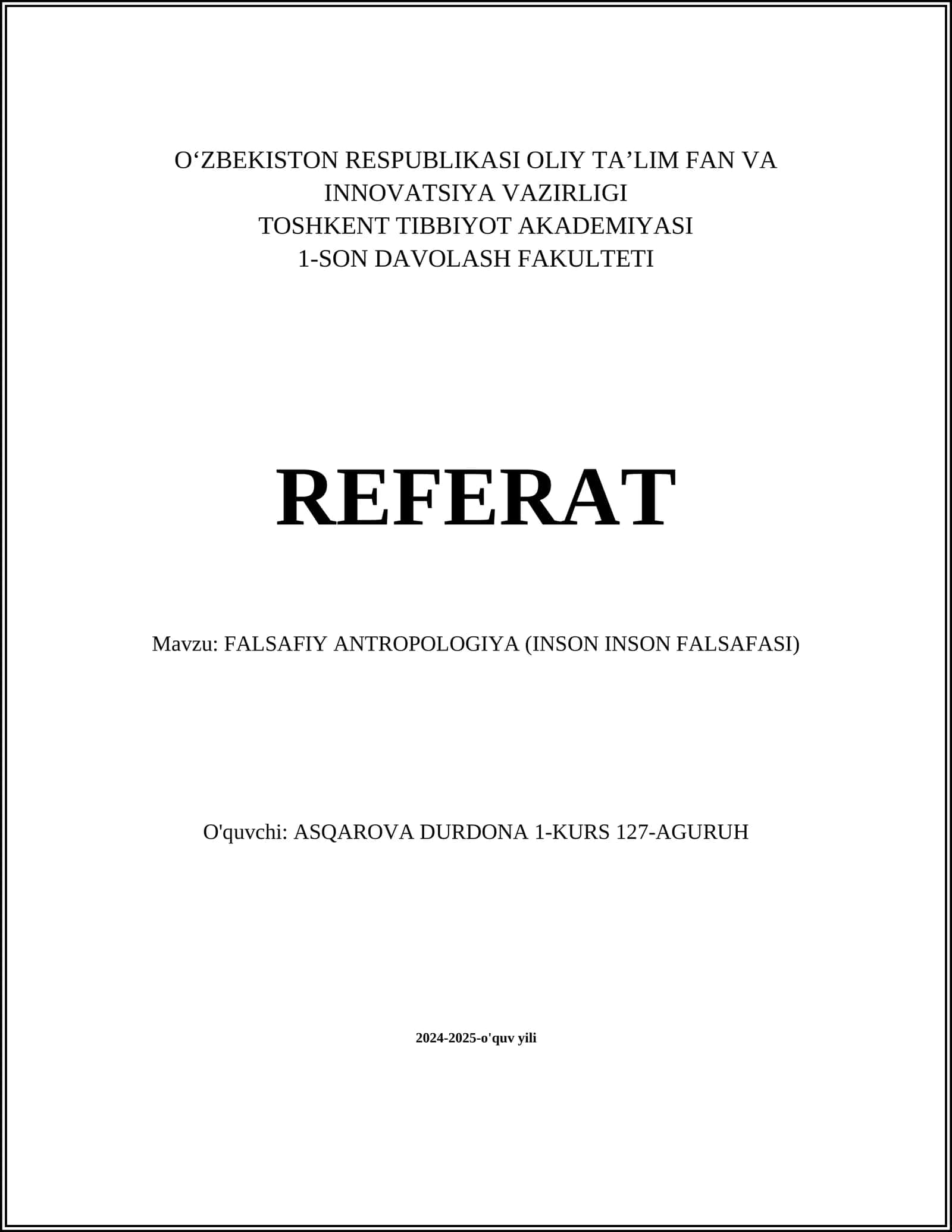 FALSAFIY ANTROPOLOGIYA (INSON INSON FALSAFASI)
