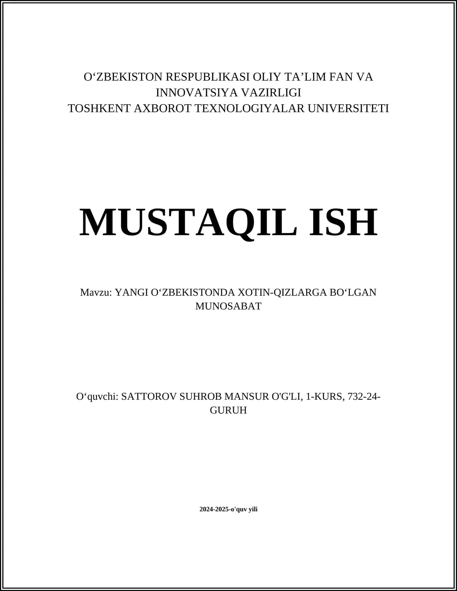 YANGI O‘ZBEKISTONDA XOTIN-QIZLARGA BO‘LGAN MUNOSABAT
