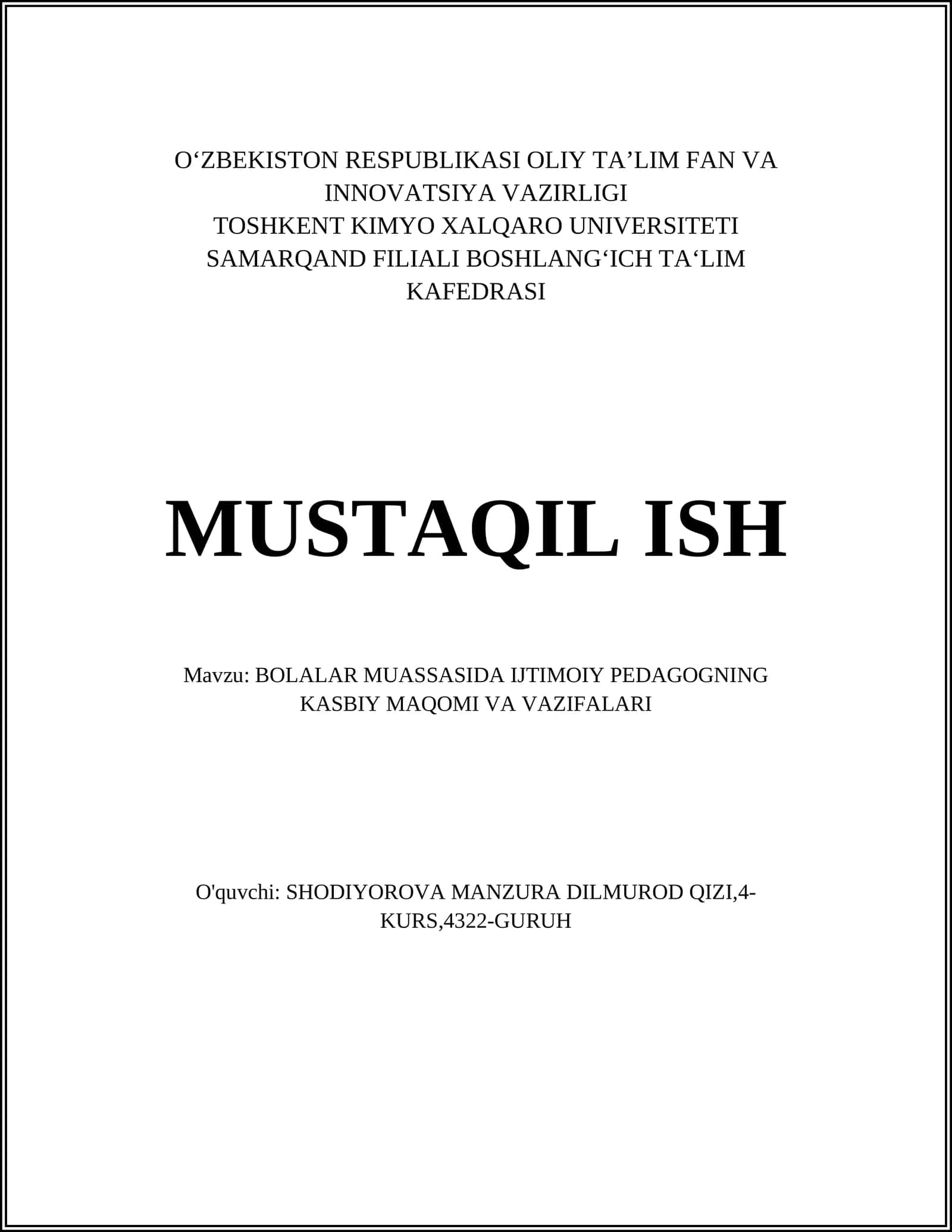 Ijtimoiy pedagogning kasbiy maqomi va me'yoriy-huquqiy asoslari