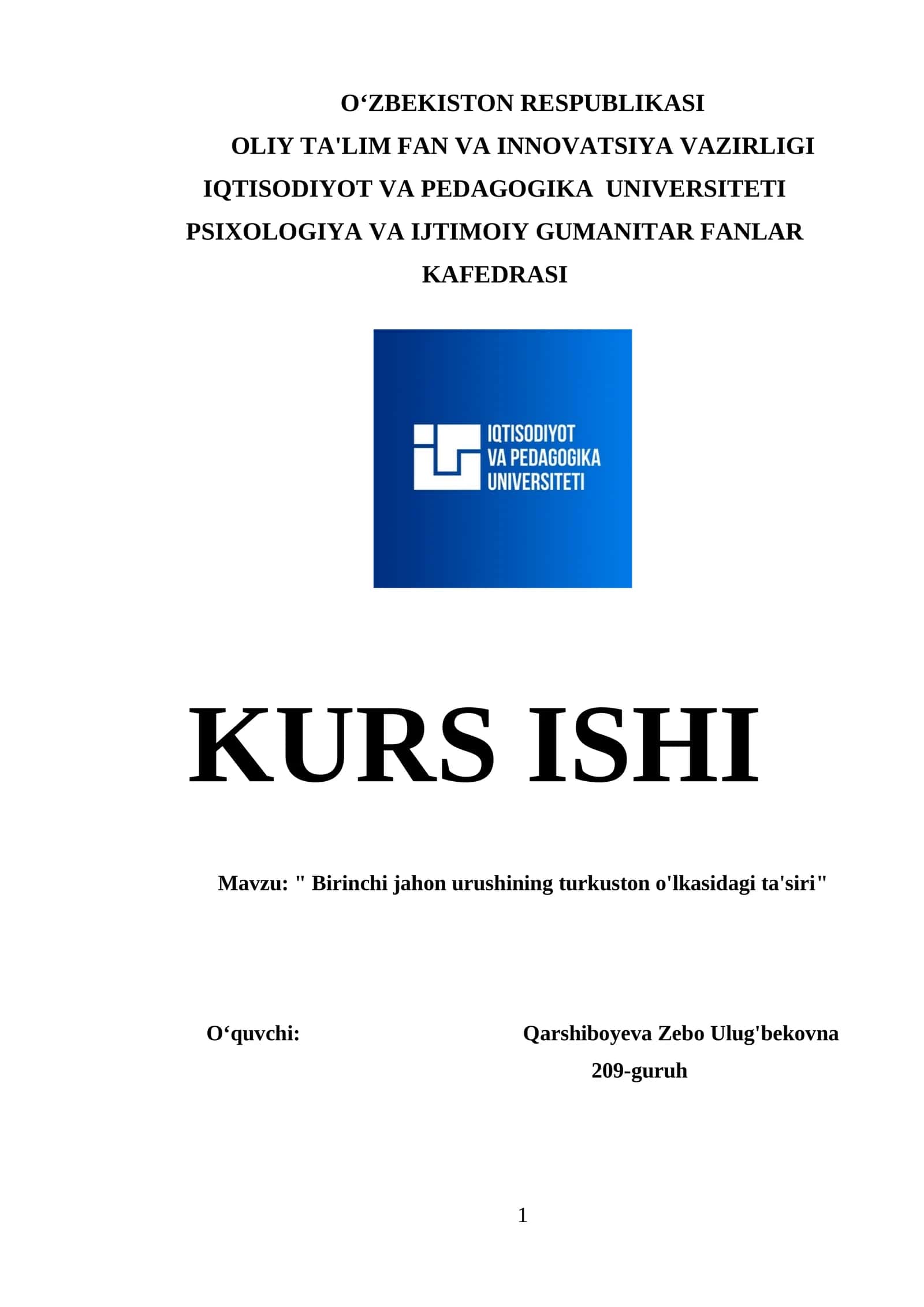 Birinchi jahon urushining turkuston o'lkasidagi ta'siri